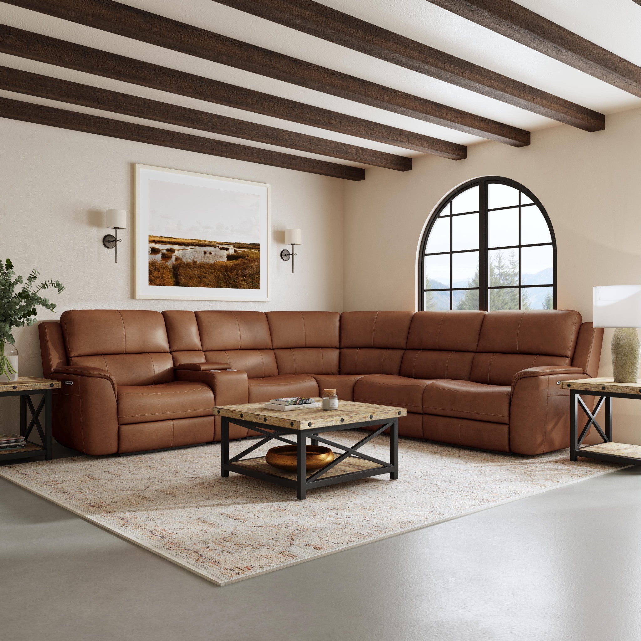 Henry Caramel Leather Power Reclining Sectional with Power Headrests & Lumbar