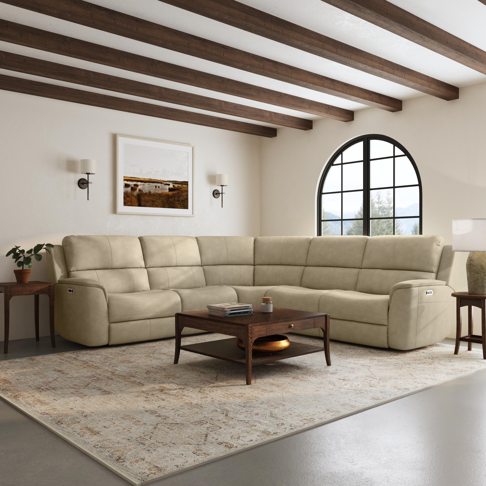 Henry Beige Leather Power Reclining Sectional with Power Headrest & Lumbar