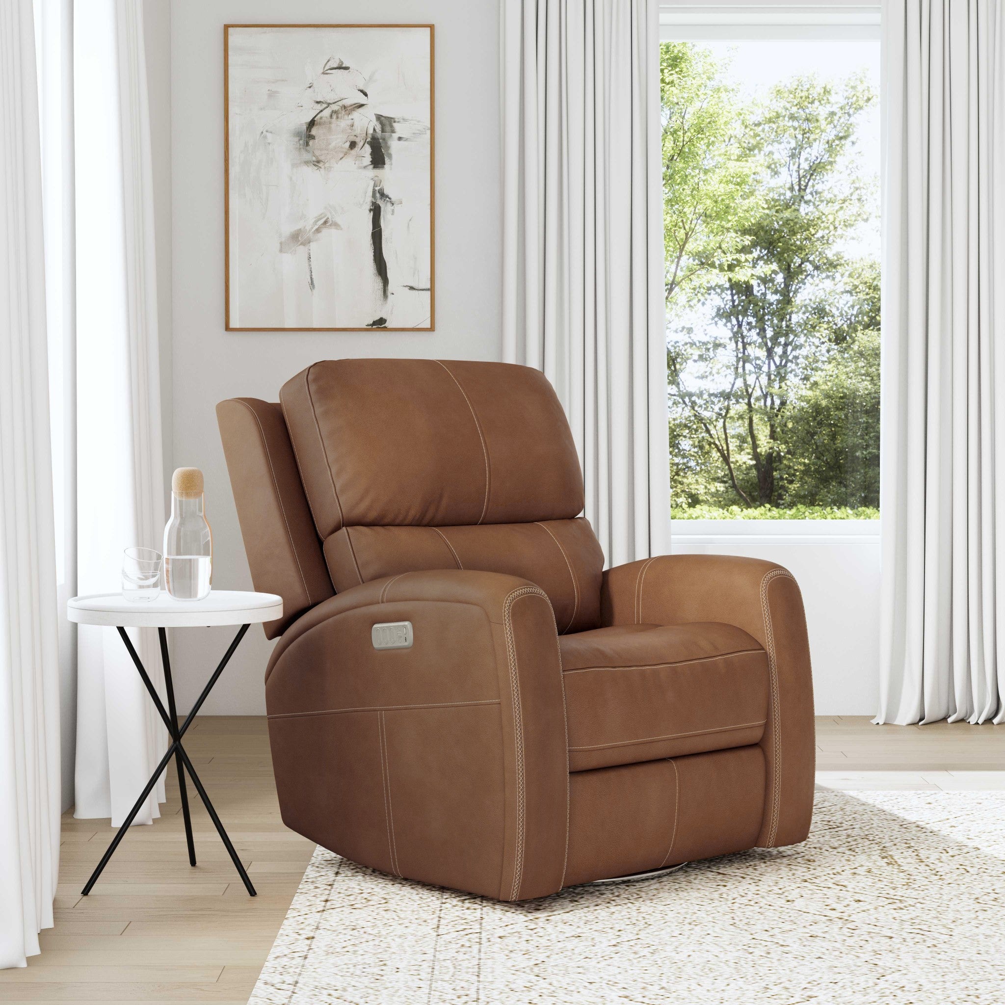 Linden Leather Power Swivel Gliding Recliner with Power Headrest, Lumbar, Heat & Massage