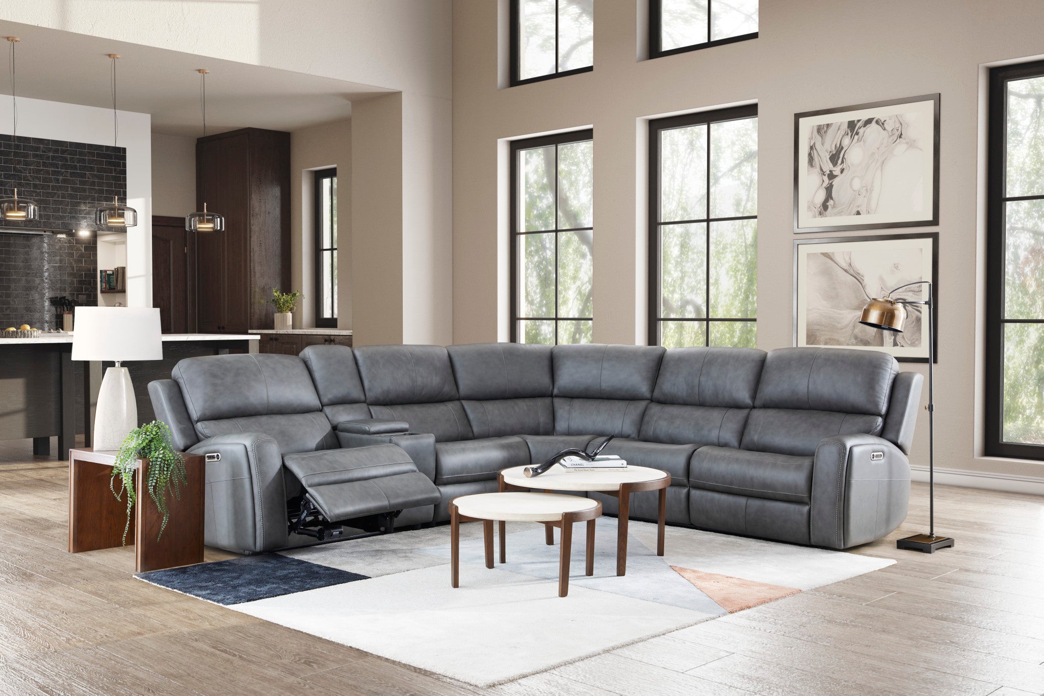 Linden Charcoal Leather Power Reclining Sectional with Power Headrest & Lumbar
