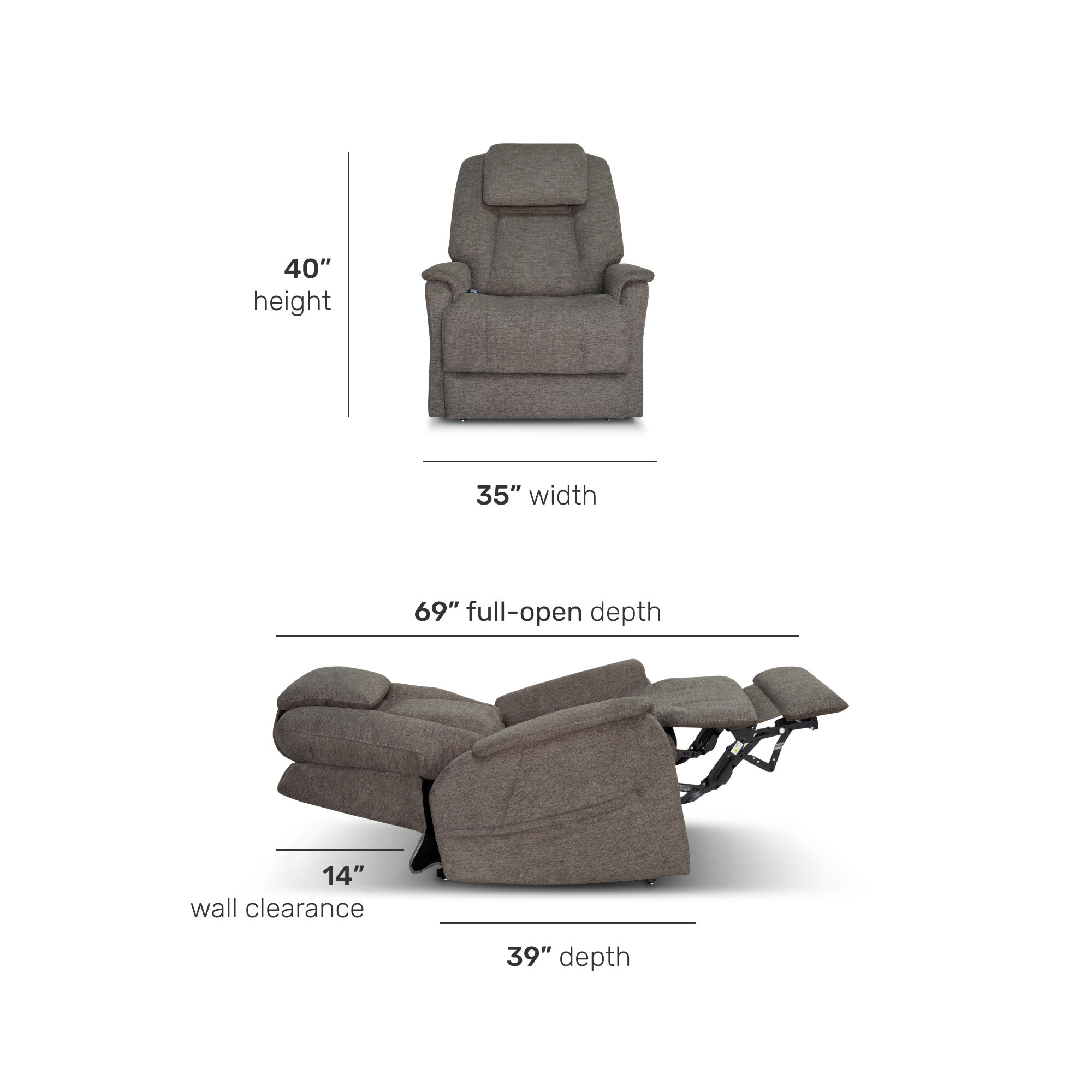 Zecliner Model 3+ Petite Umber Fabric Power Lift Recliner with Power Headrest, Lumbar, Heat & Massage