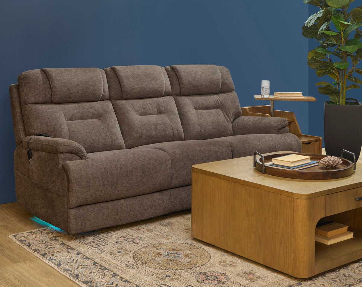 Zecliner Zofa Toast Fabric Power Reclining Sofa with Console, Power Headrest, Lumbar, Heat & Massage