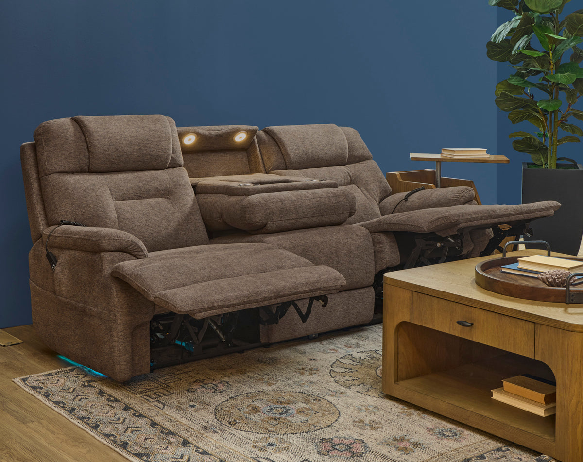 Zecliner Zofa Toast Fabric Power Reclining Sofa with Console, Power Headrest, Lumbar, Heat & Massage