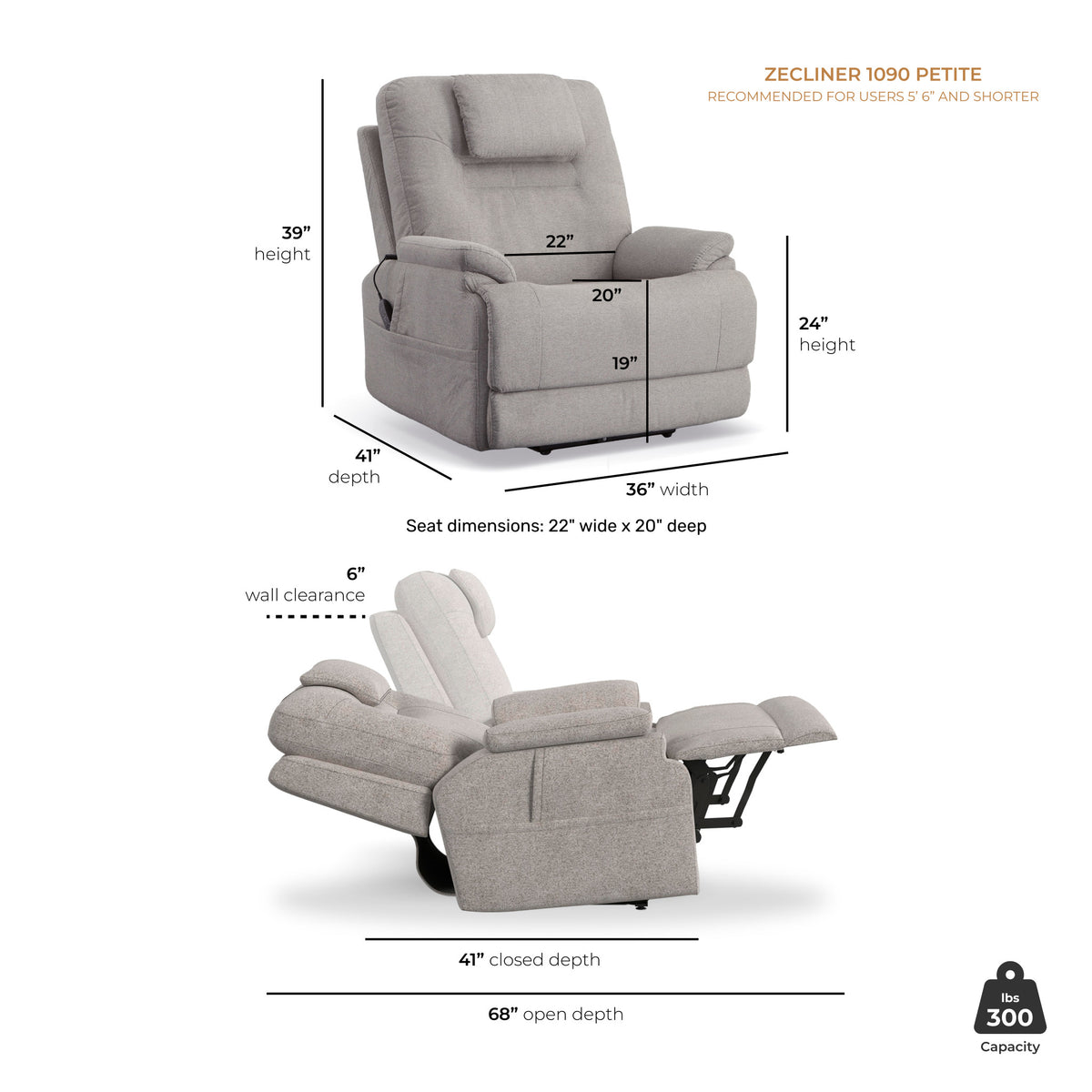 Zecliner Model 2 Petite Dove Fabric Power Sleep Recliner with Power Headrest & Lumbar