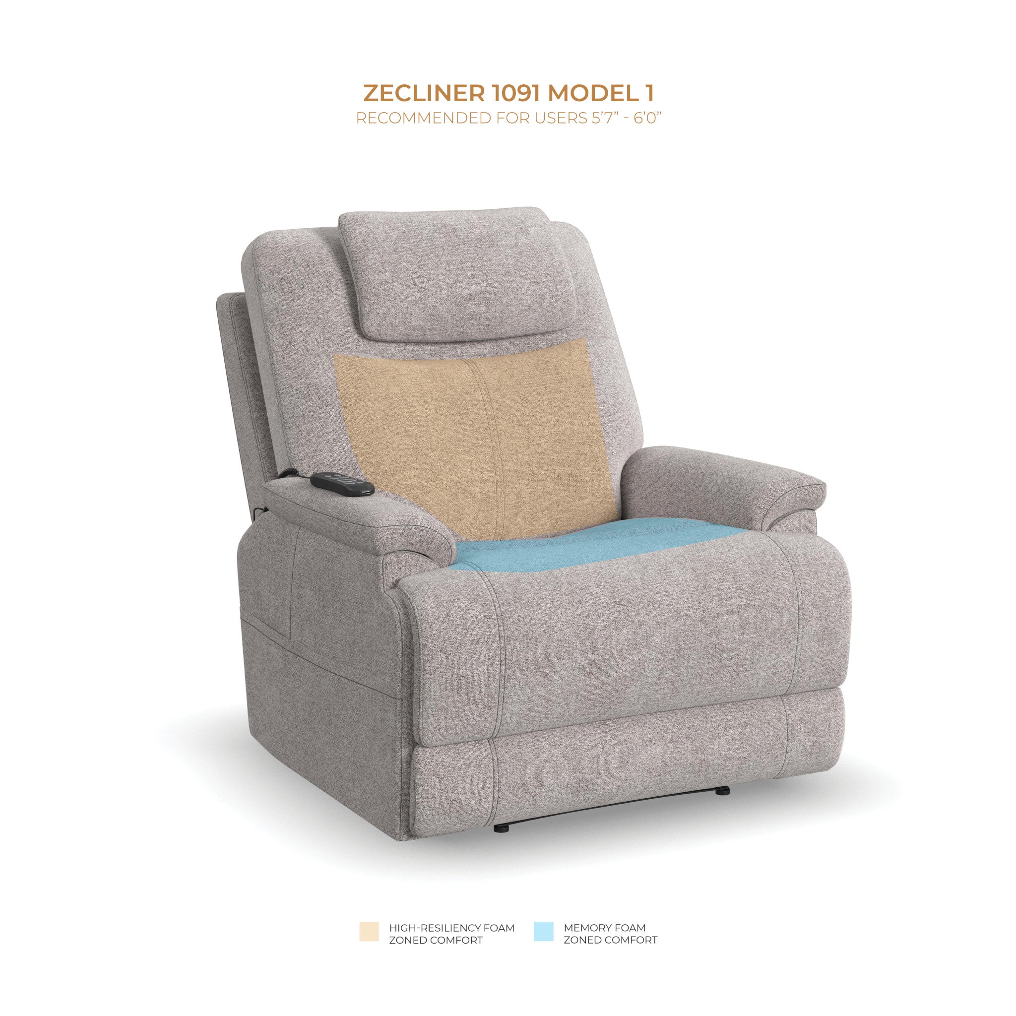 Zecliner Model 1 Dove Fabric Power Lift Sleep Recliner with Power Headrest & Lumbar