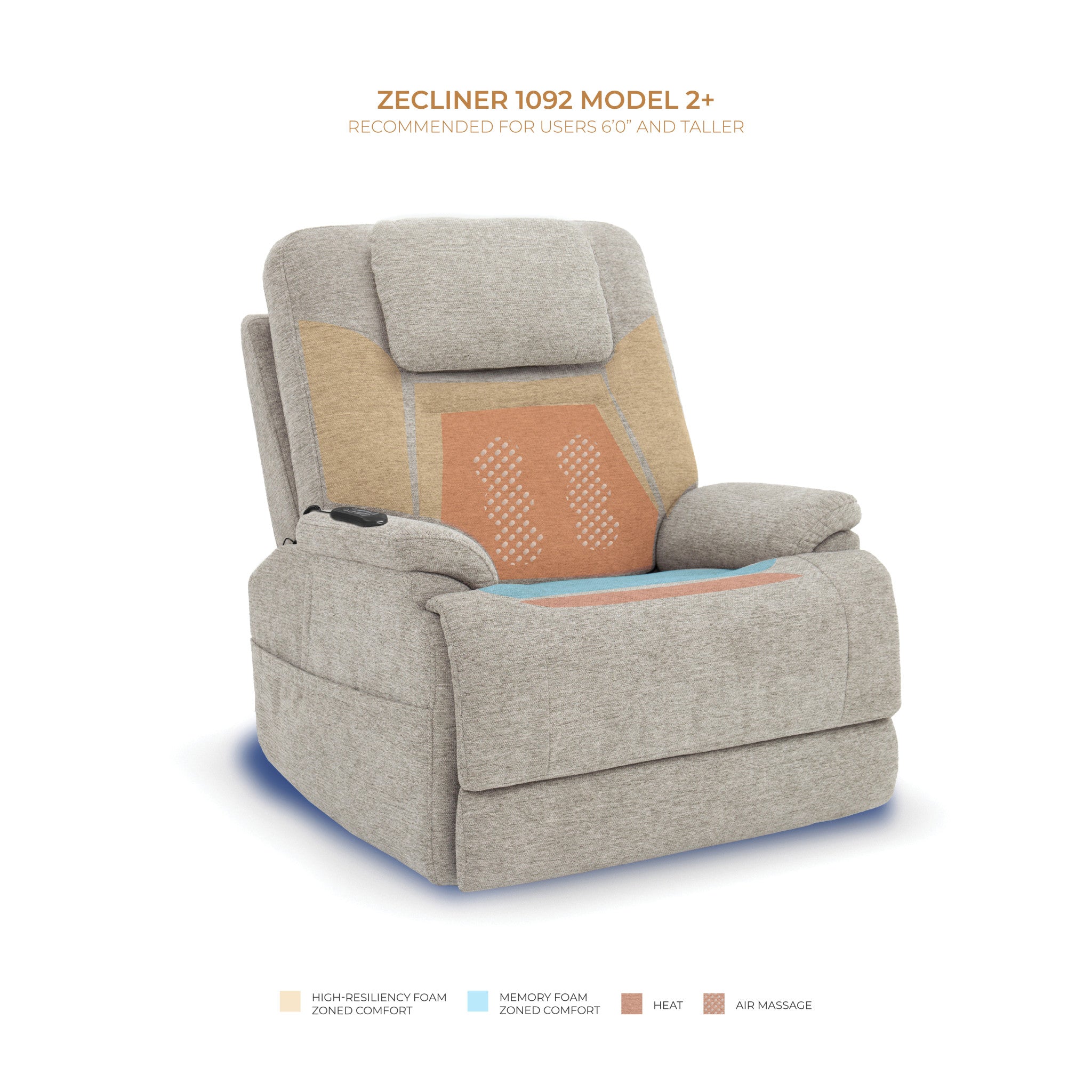 Zecliner Model 2+ Dove Fabric Power Lift Sleep Recliner with Power Headrest, Lumbar, Heat & Massage