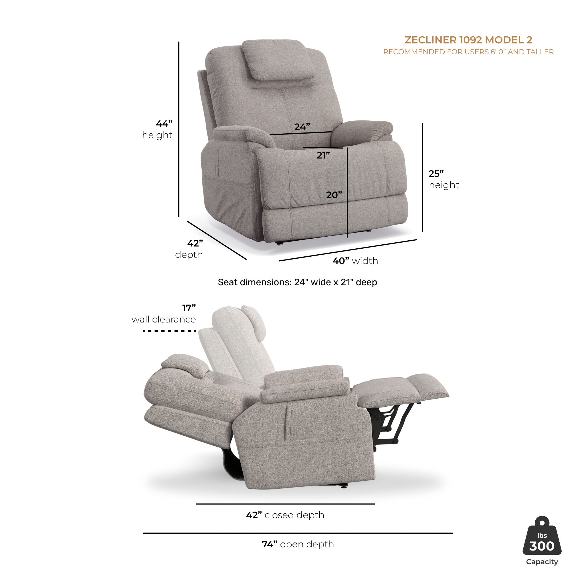 Zecliner Model 2 Dove Fabric Power Lift Sleep Recliner with Power Headrest & Lumbar