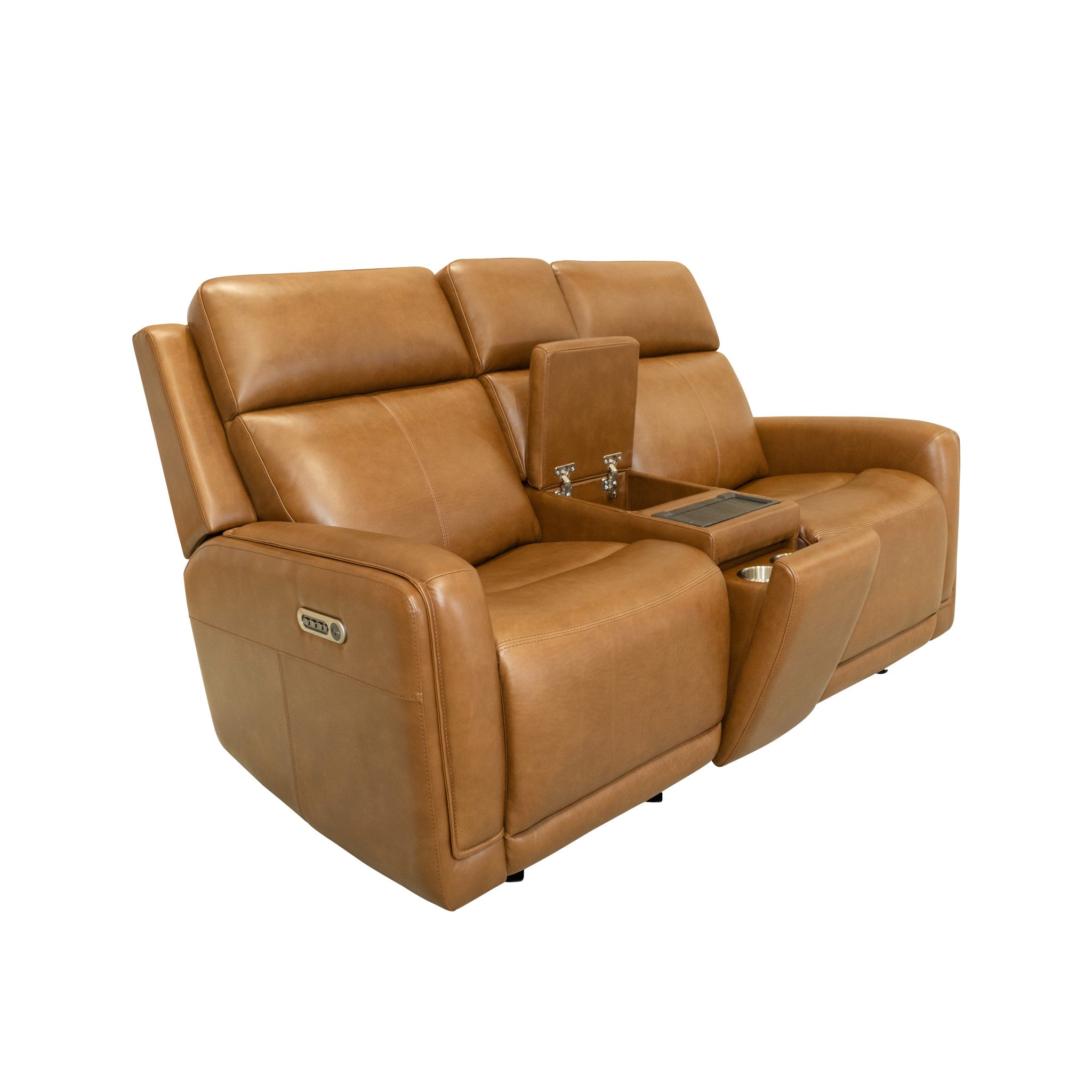 Alister Leather Power Gliding Loveseat with Console, Power Headrests & Lumbar