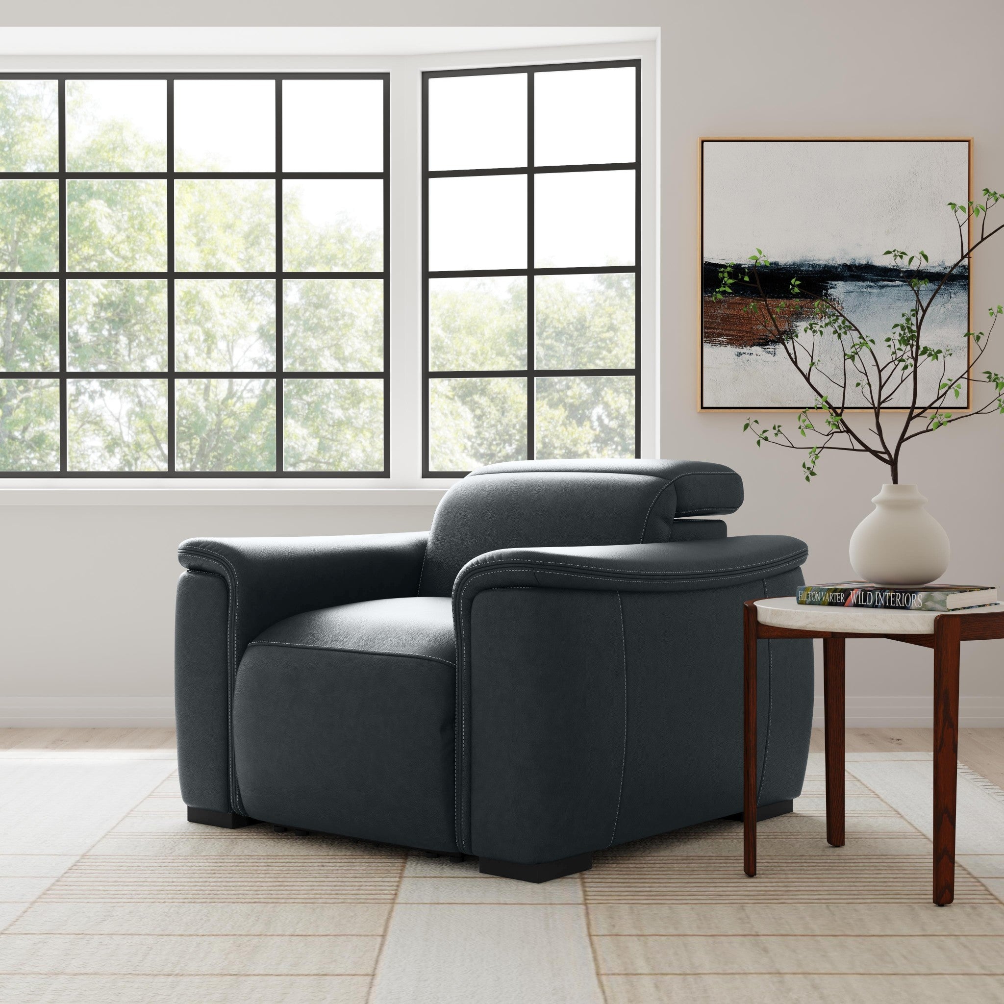 Camden Abyss Blue Leather Power Recliner with Power Headrest