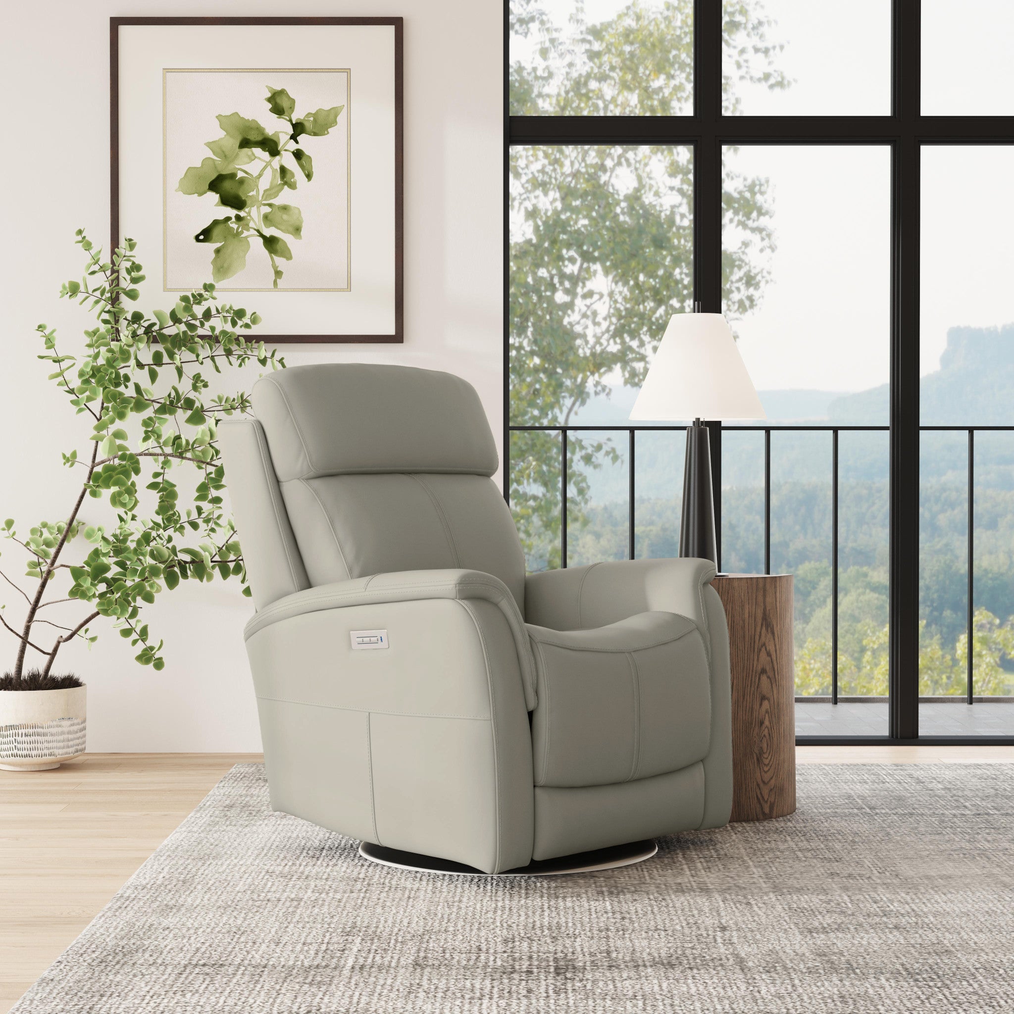 View Dove Leather Power Swivel Recliner with Power Headrest