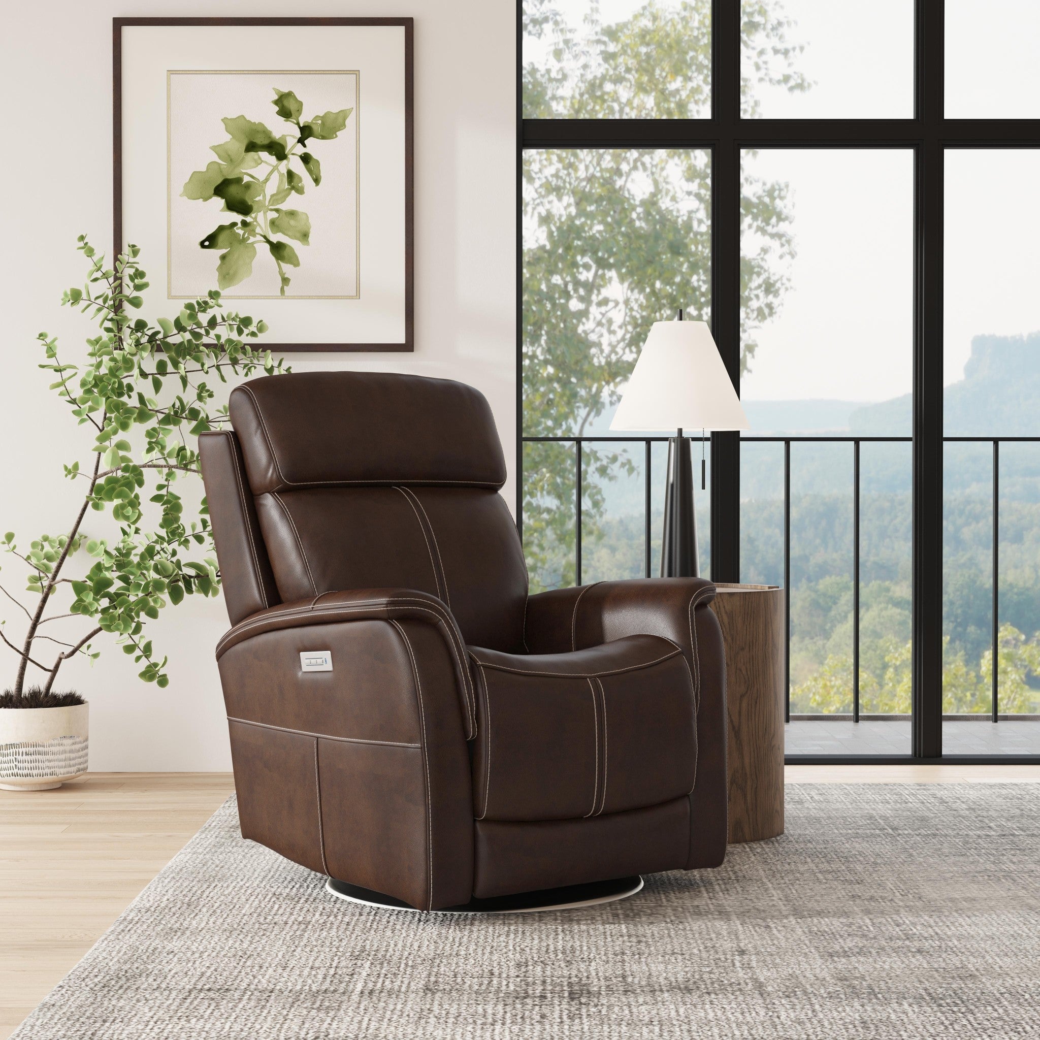 View Chocolate Leather Power Swivel Recliner with Power Headrest