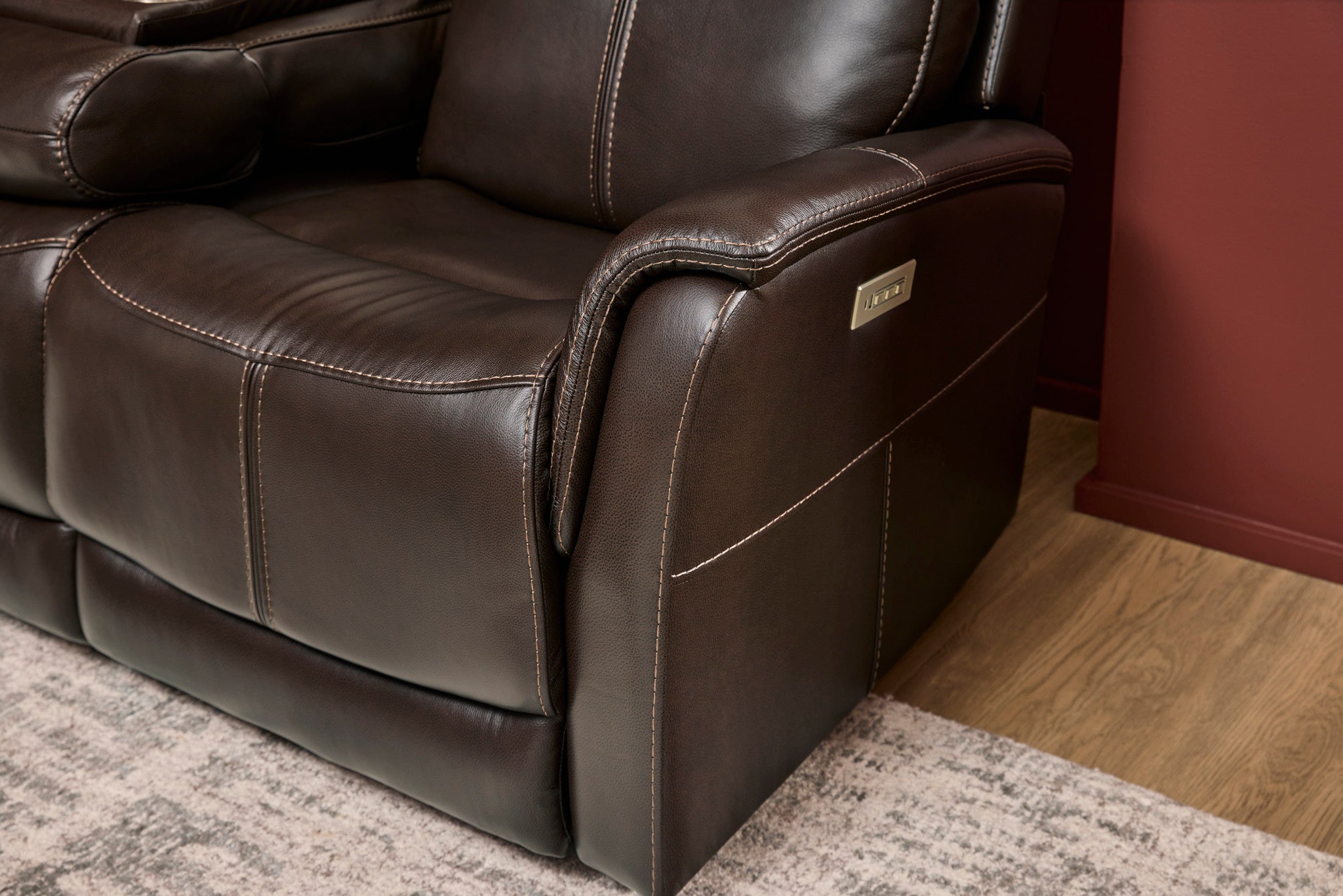 View Leather Power Reclining Sofa with Console, Power Headests & Lumbar - Living Room Furniture