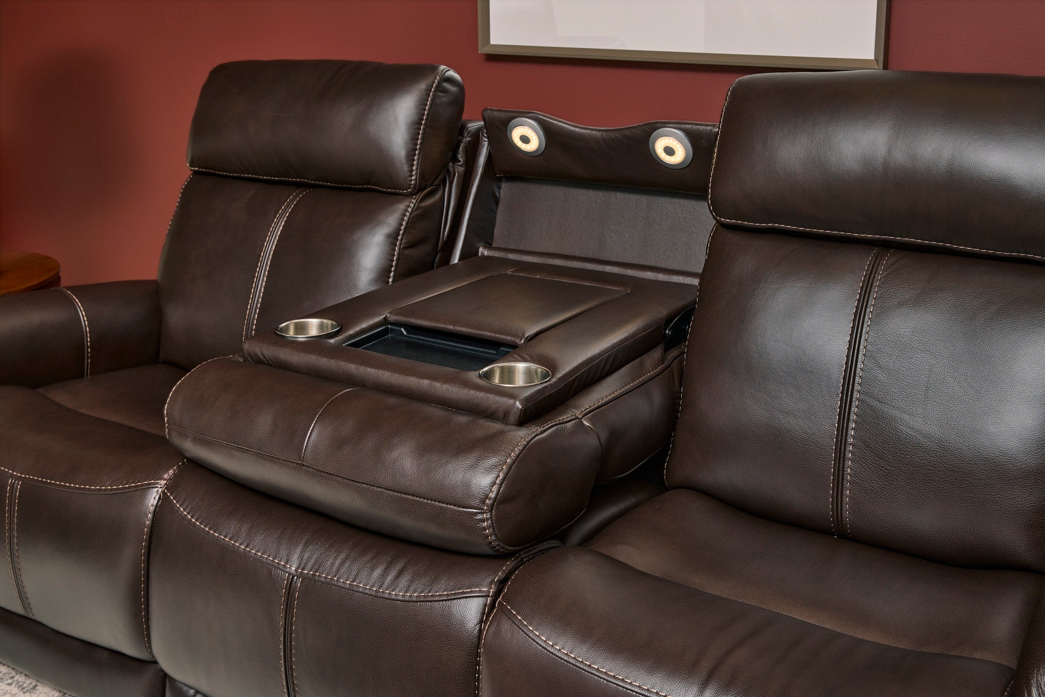 View Leather Power Reclining Sofa with Console, Power Headests & Lumbar - Living Room Furniture