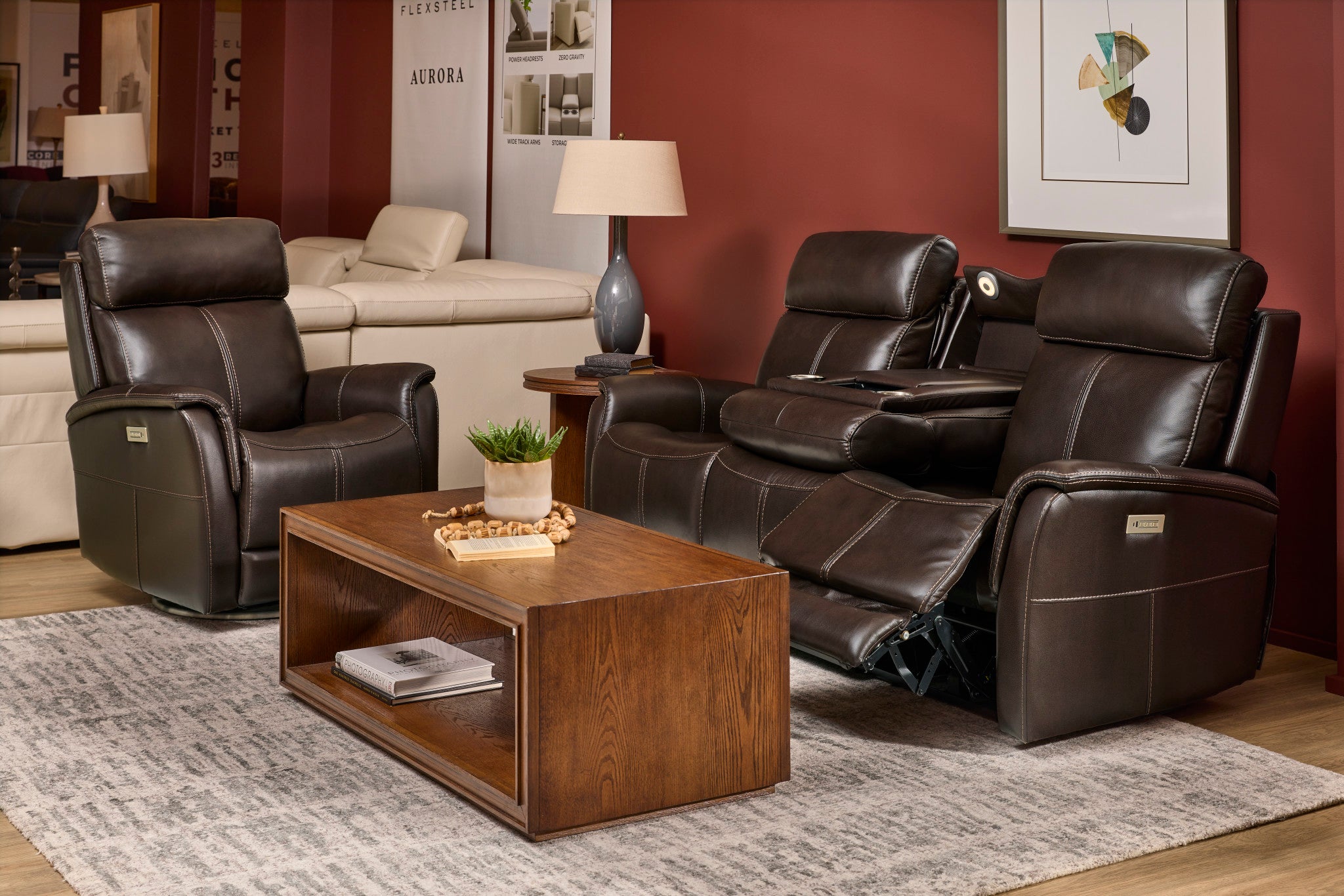 View Leather Power Reclining Sofa with Console, Power Headests & Lumbar - Living Room Furniture