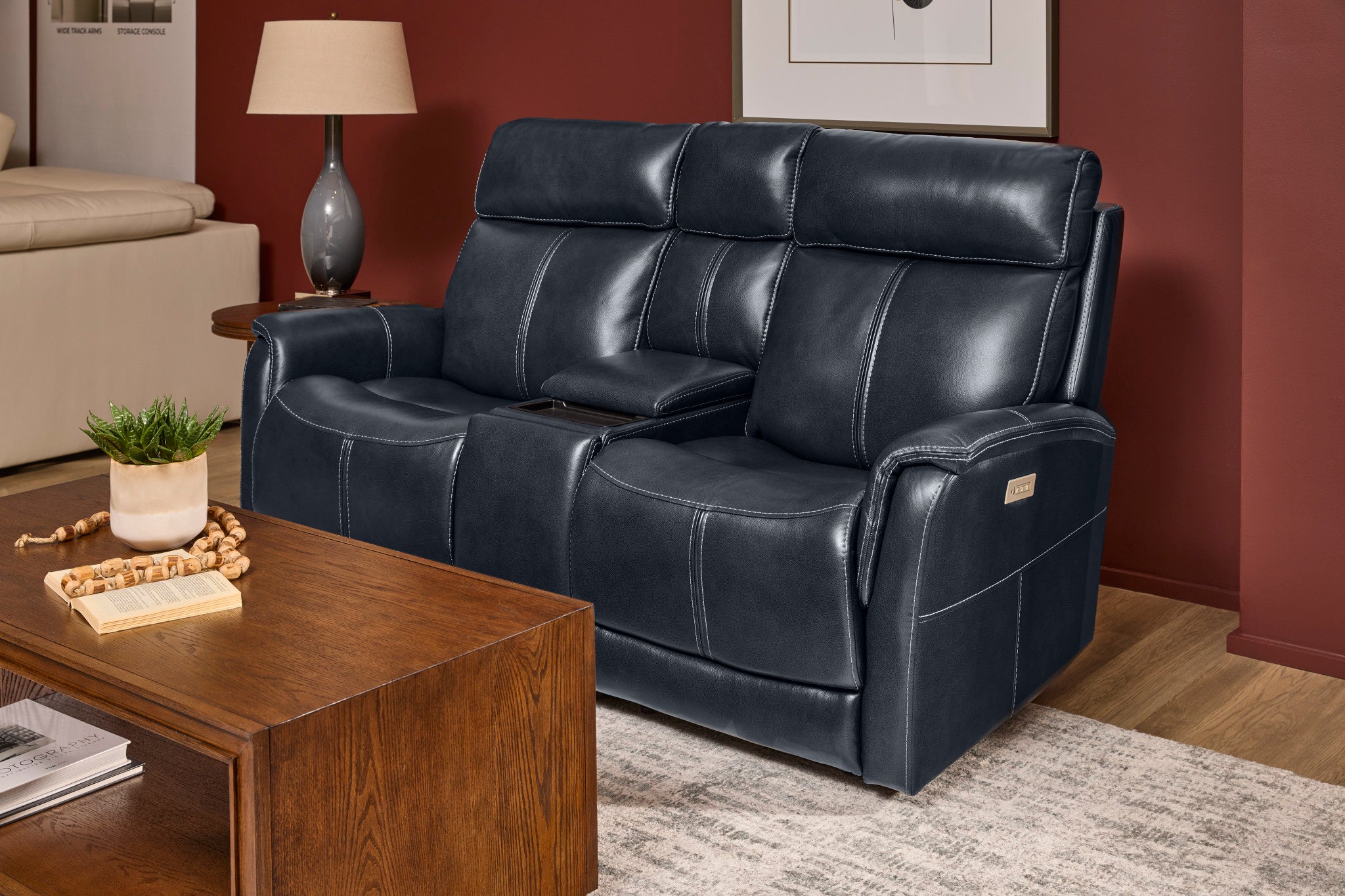 View Leather Power Reclining Loveseat with Console, Power Headrests & Lumbar - Living Room Furniture