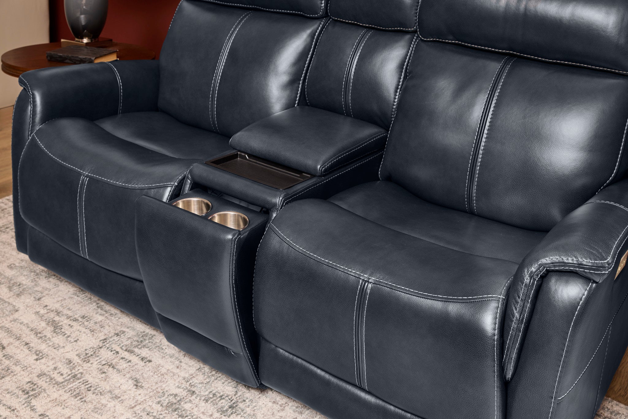 View Leather Power Reclining Loveseat with Console, Power Headrests & Lumbar - Living Room Furniture