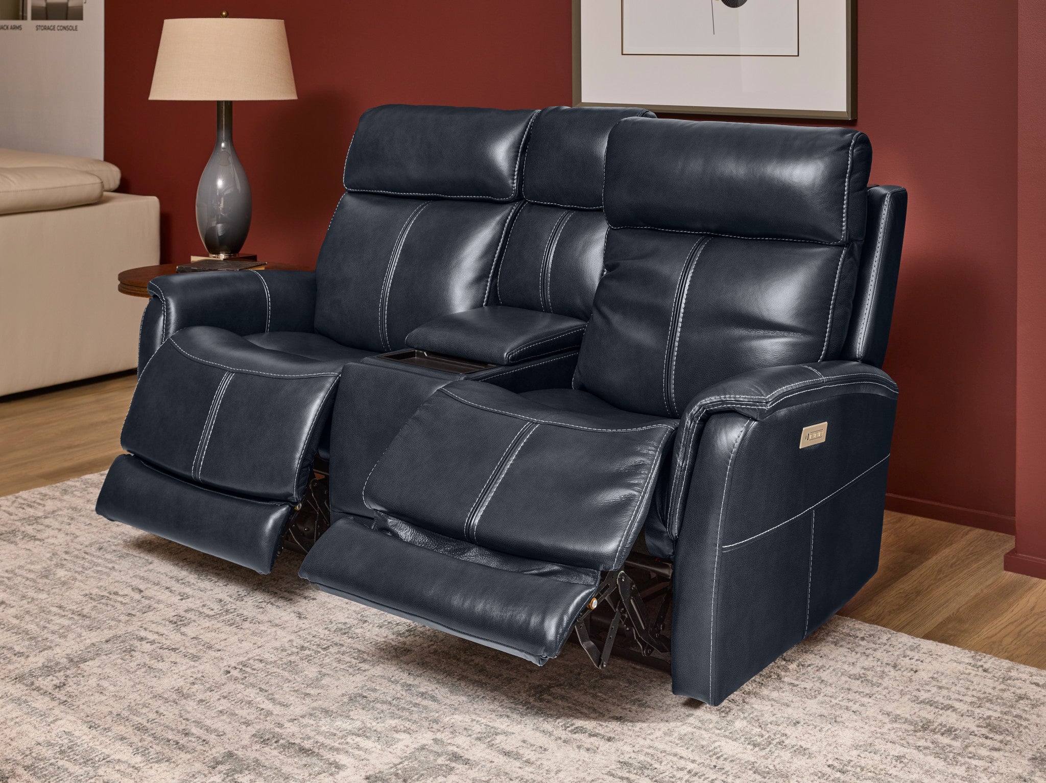 View Leather Power Reclining Loveseat with Console, Power Headrests & Lumbar - Living Room Furniture