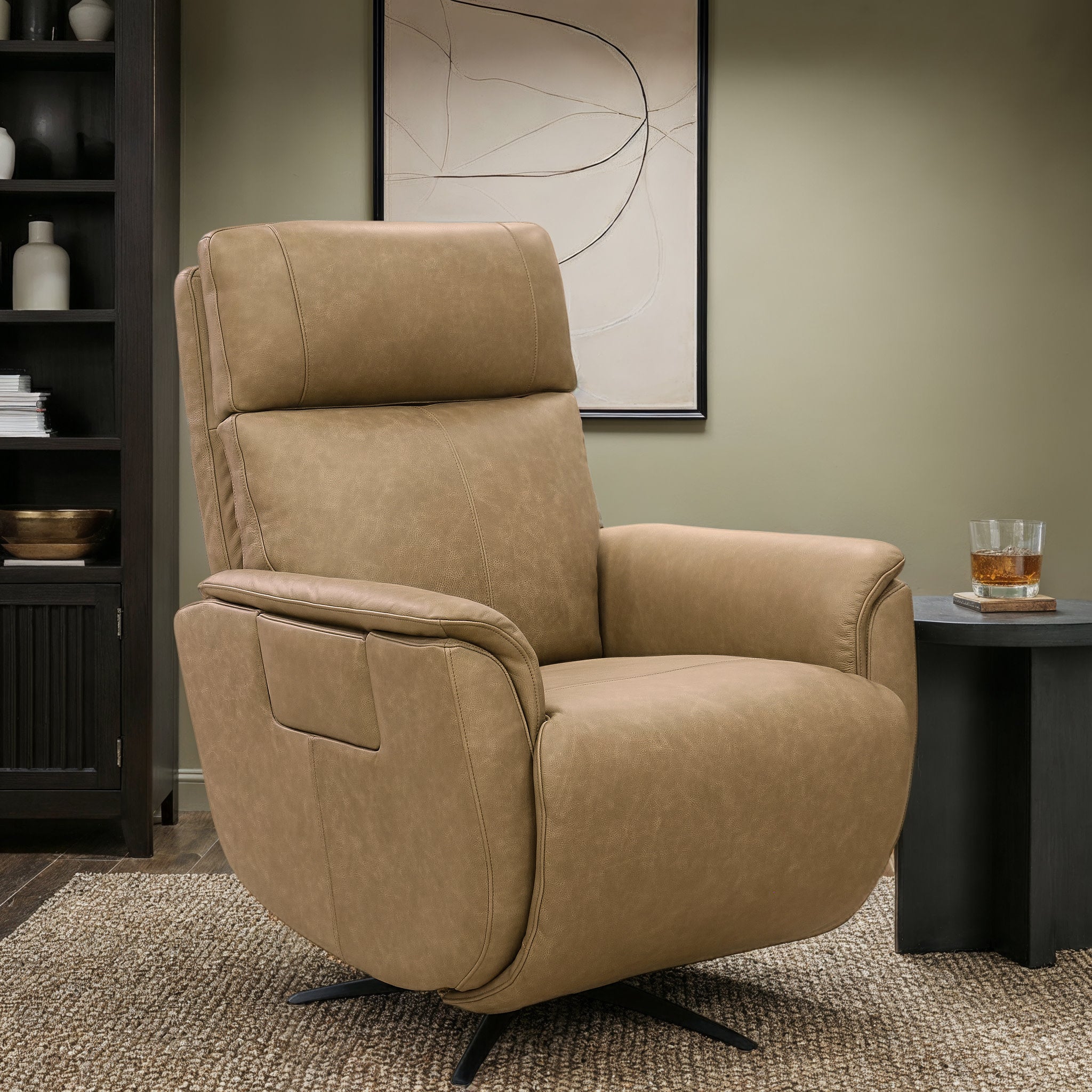 Cove Leather Power Swivel Recliner with Power Headrest, Lumbar, Heat, & Massage