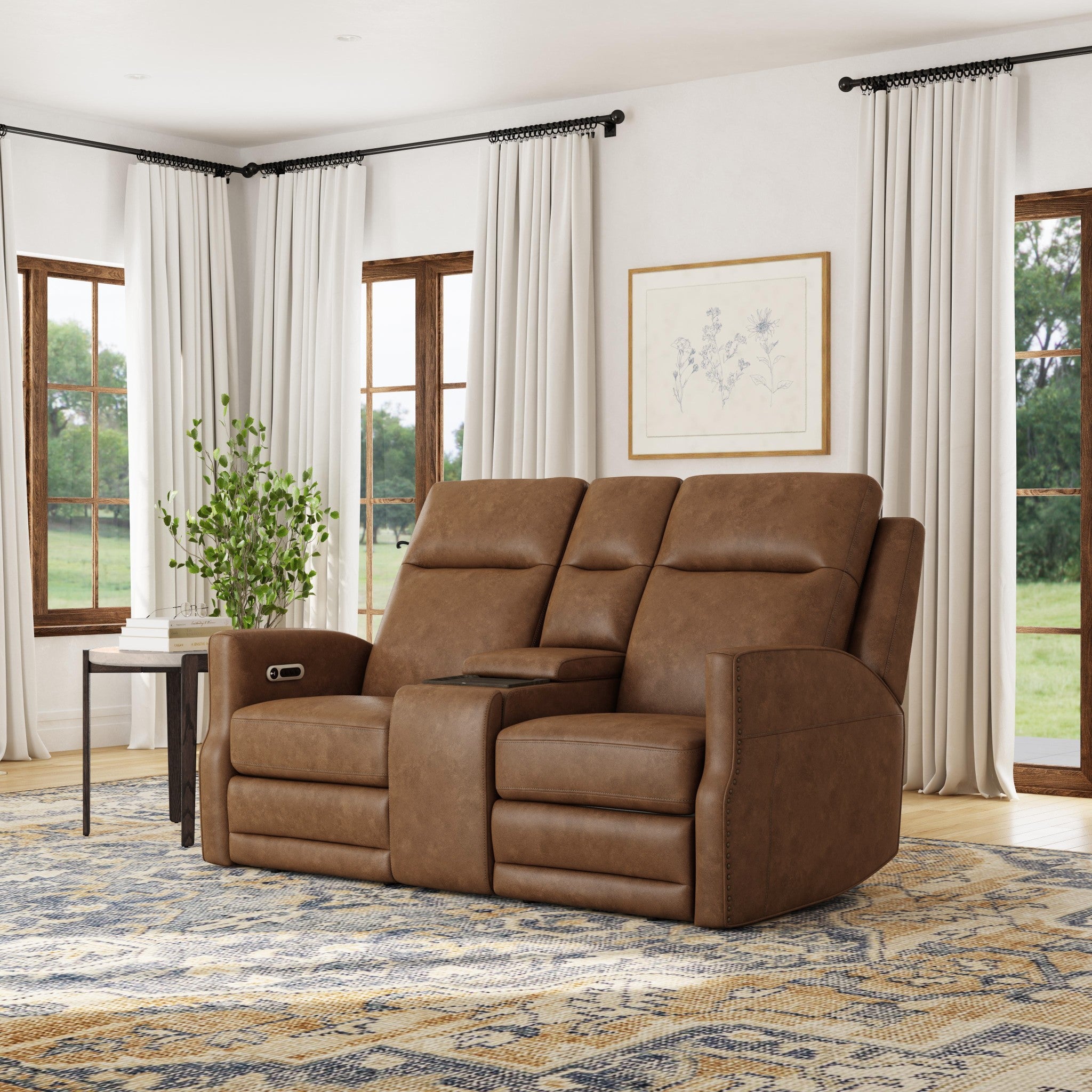 Maxwell Cedar Leather Power Reclining Loveseat with Console, Power Headrests and Lumbar