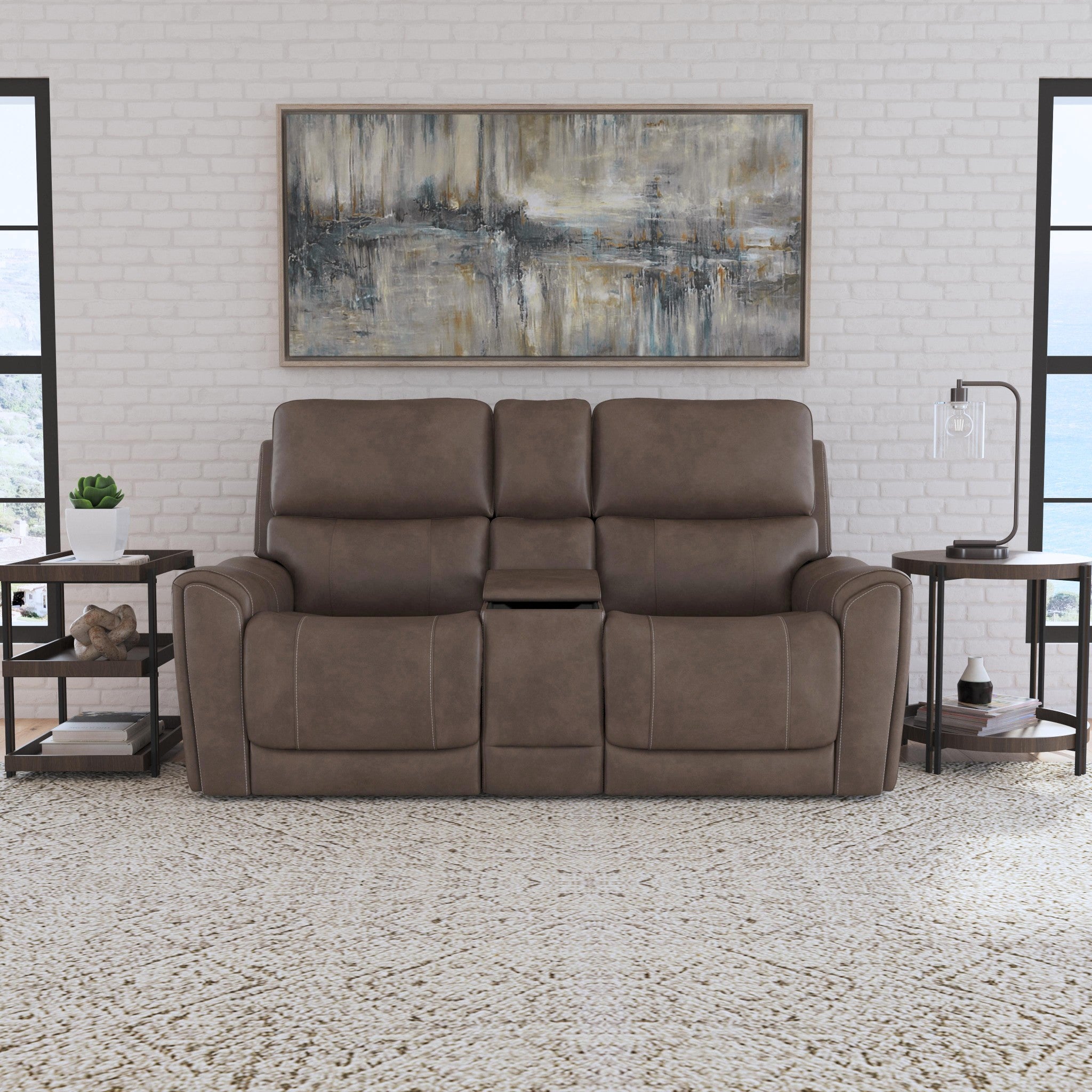 Carter Cappuccino Fabric Power Reclining Loveseat with Console & Power Headrests & Lumbar