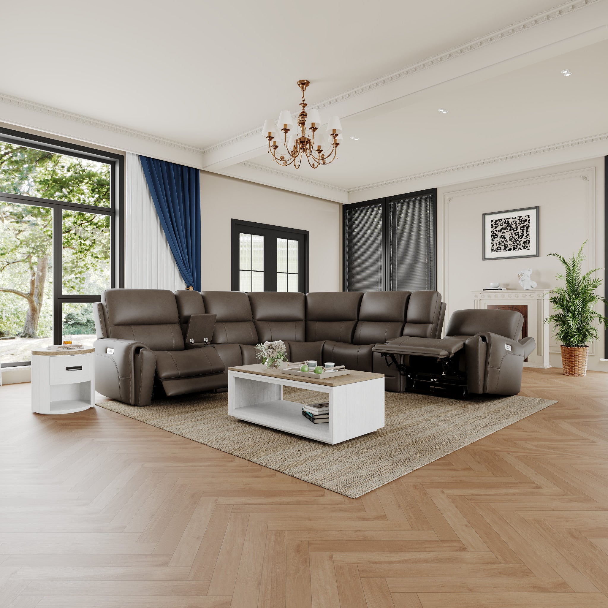 Carter Cappuccino Fabric Power Reclining Sectional with Power Headrests & Lumbar