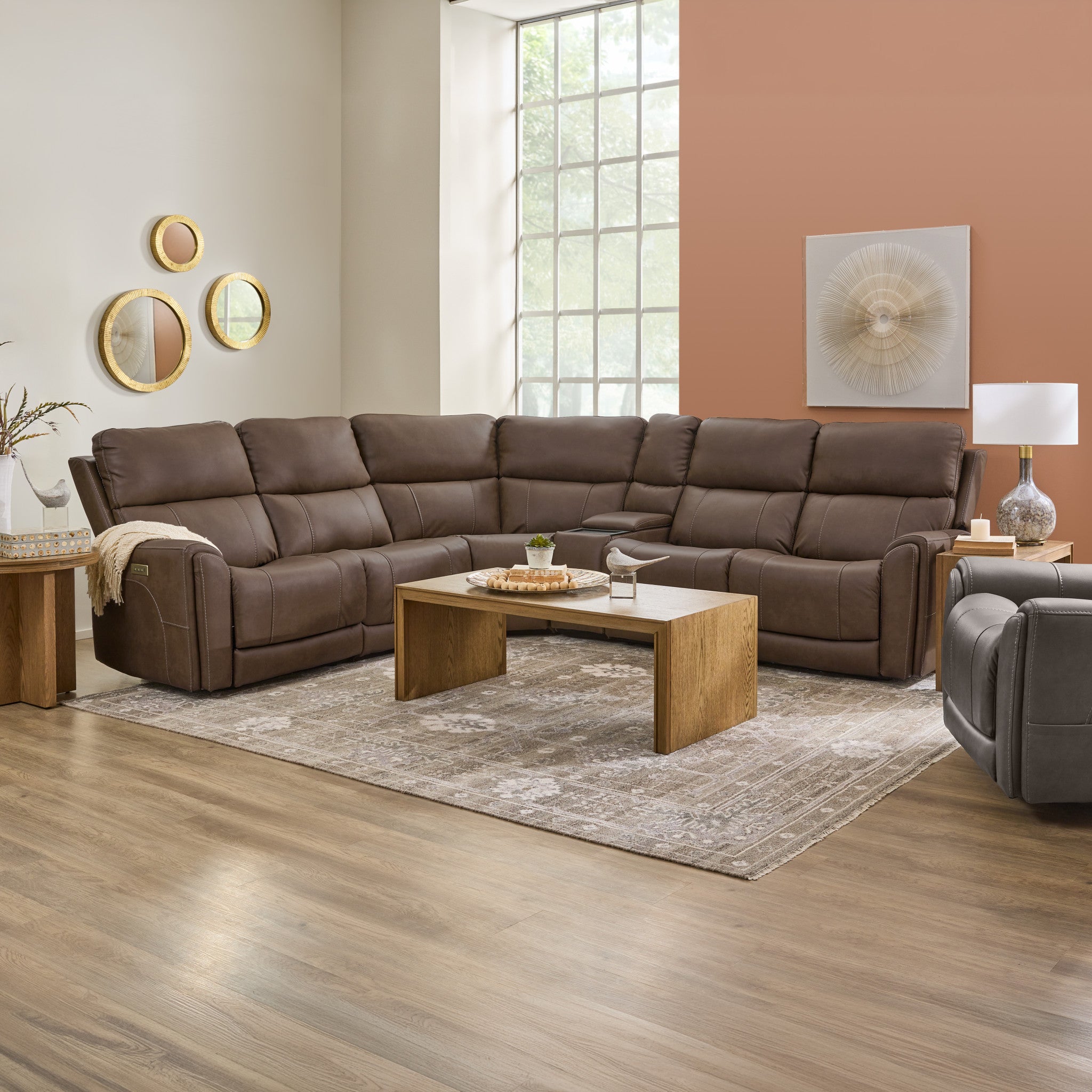 Carter Cappuccino Fabric Power Reclining Sectional with Power Headrests & Lumbar