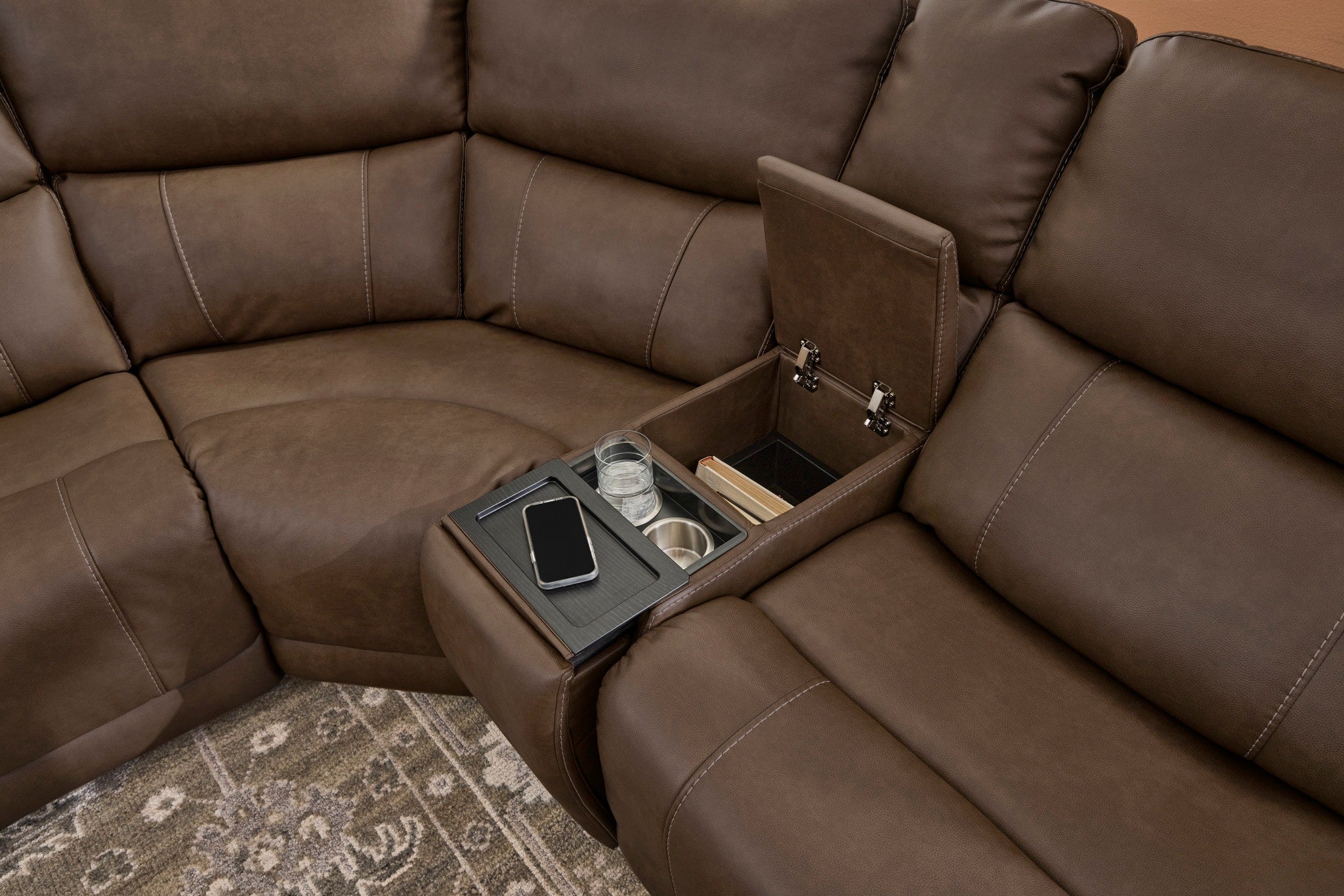 Carter Cappuccino Fabric Power Reclining Sectional with Power Headrests & Lumbar