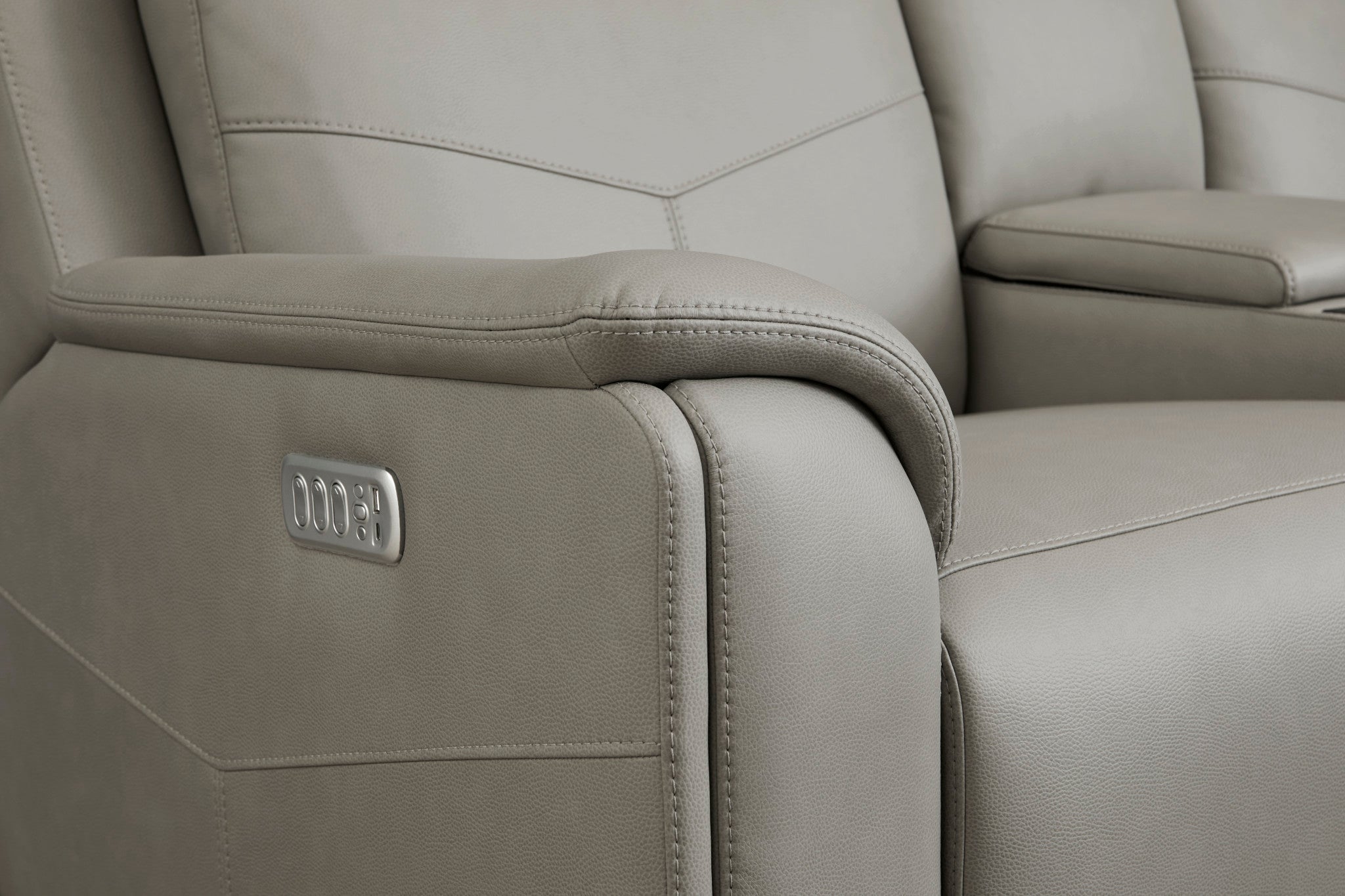 Vernon Dove Grey Fabric Power Reclining Loveseat with Console, Power Headrests, Lumbar, Heat & Massage