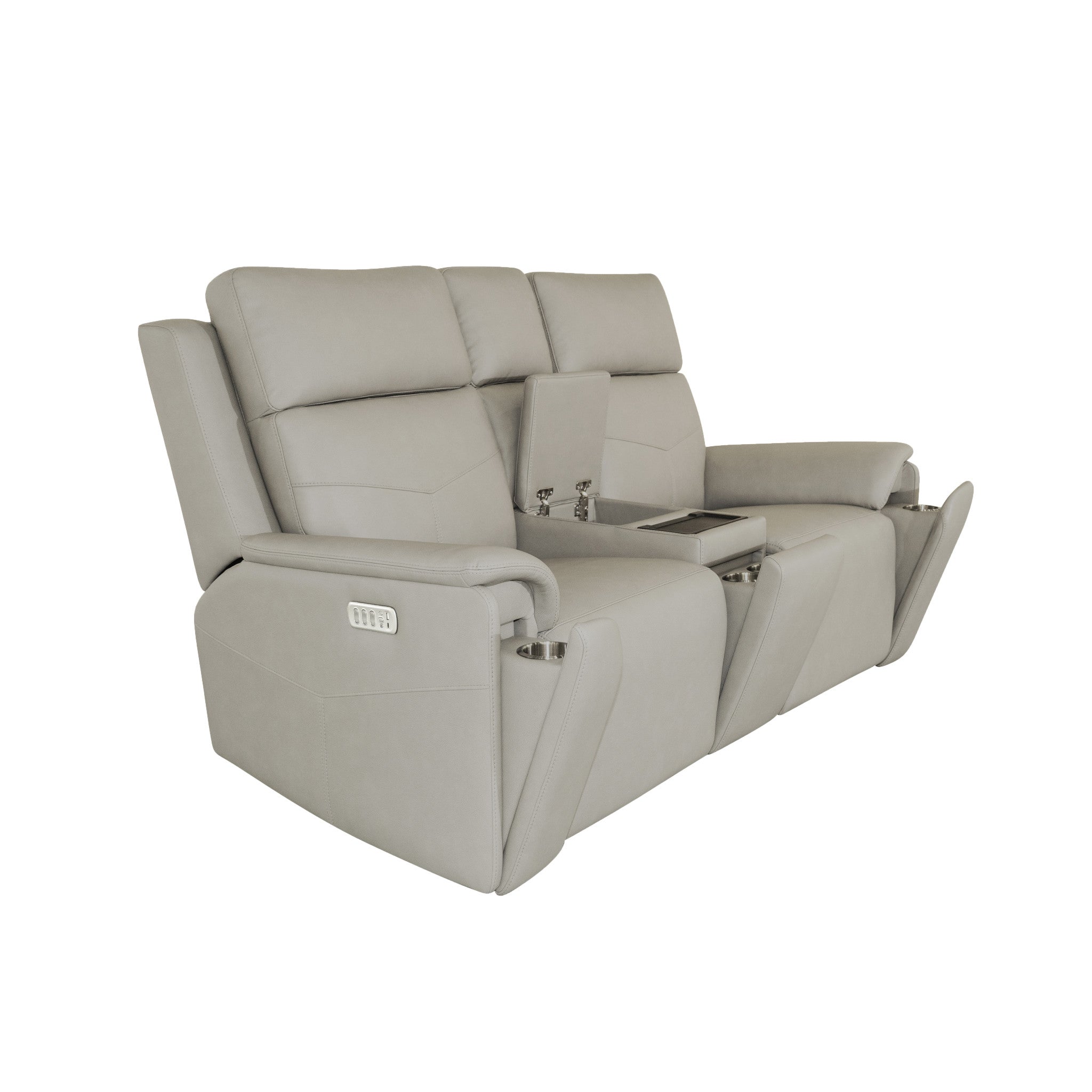 Vernon Dove Grey Fabric Power Reclining Loveseat with Console, Power Headrests, Lumbar, Heat & Massage