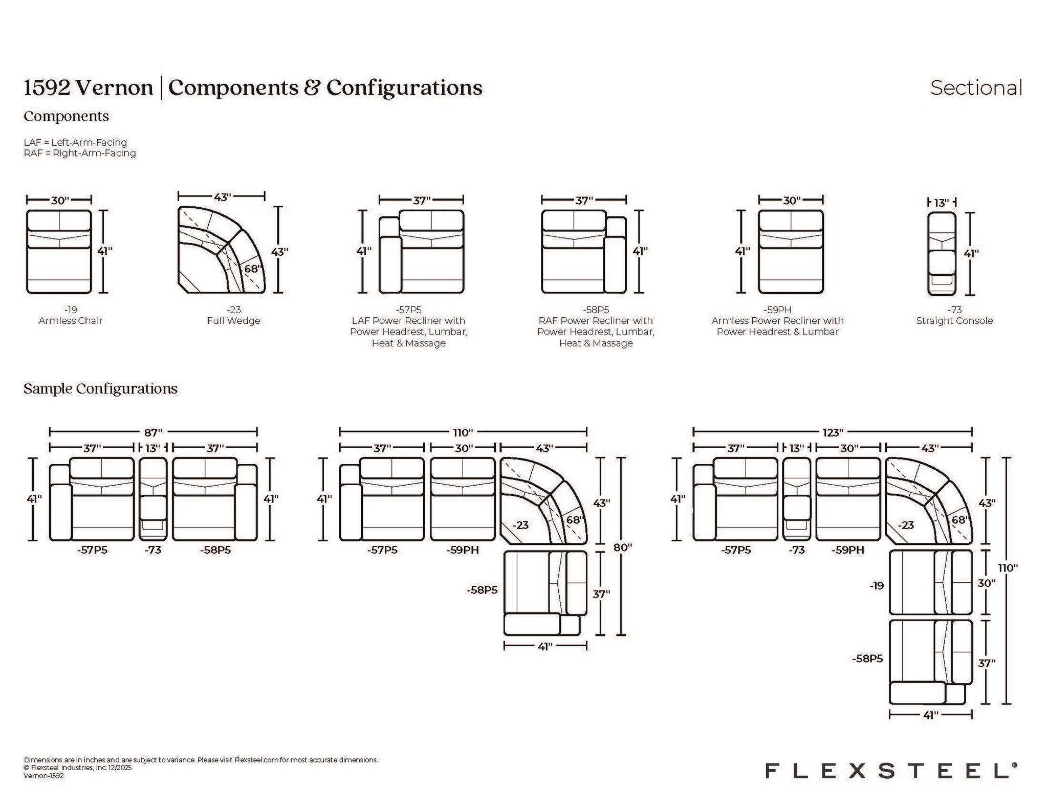 Vernon Admiral Fabric Power Reclining Sectional with Power Headrest, Lumbar, Heat, & Massage