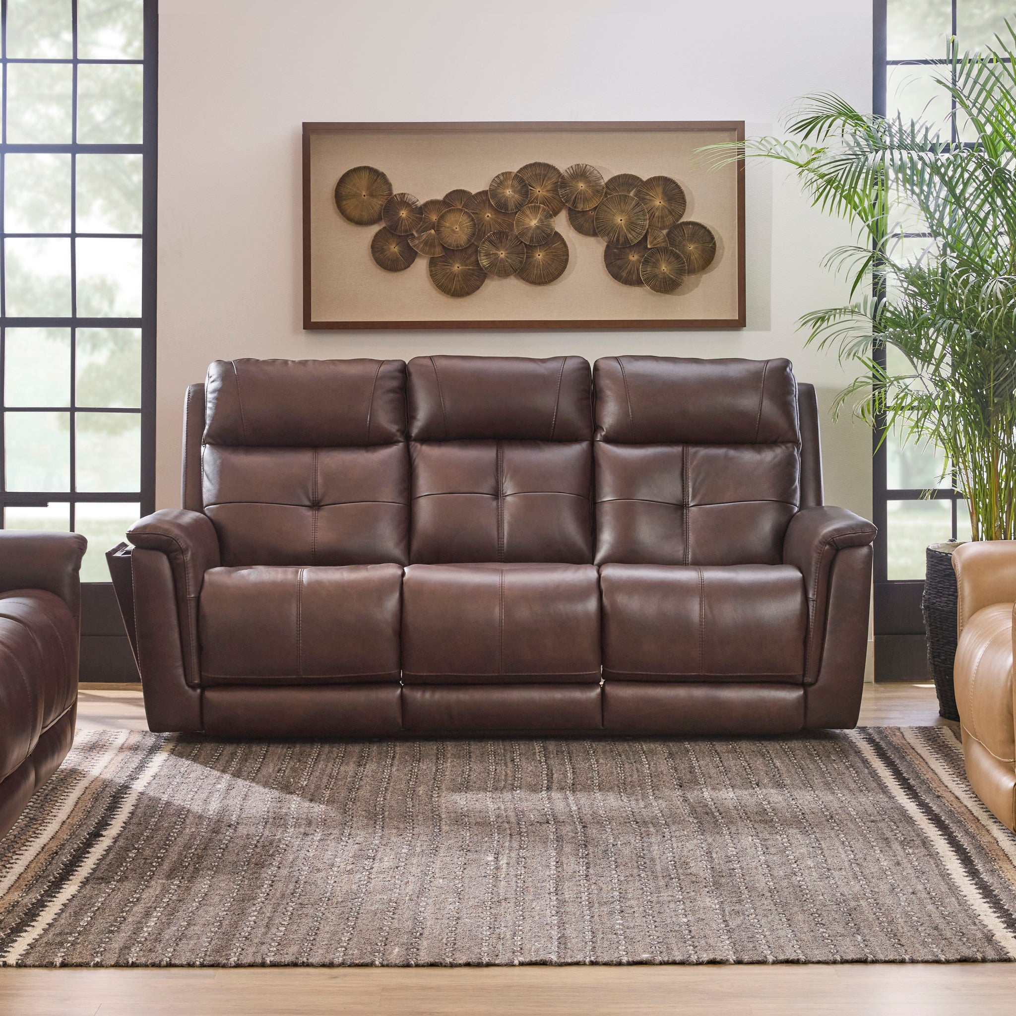Ranger Rustic Brown Leather Power Reclining Sofa with Console, Power Headrest, Lumbar, Heat & Massage
