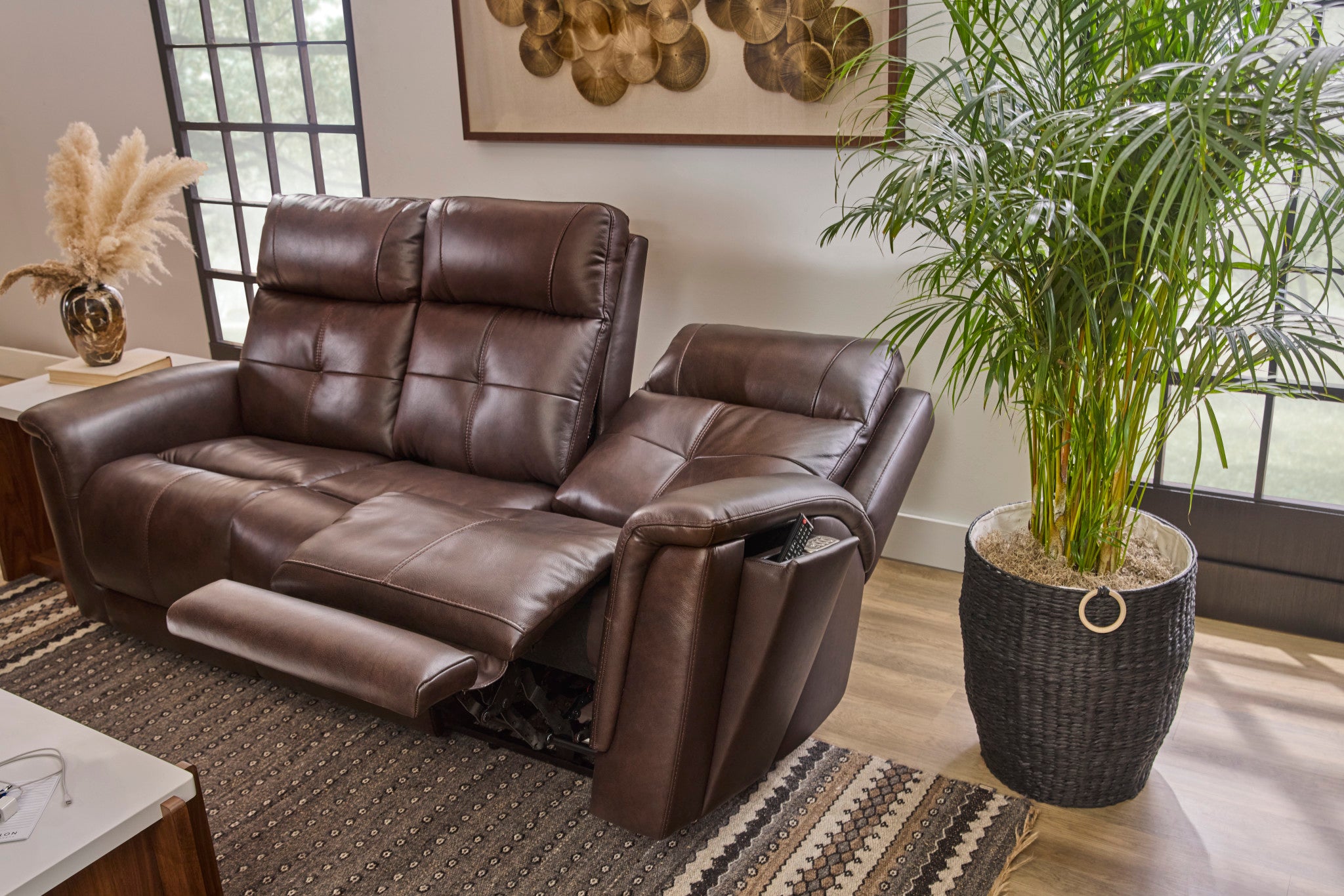 Ranger Rustic Brown Leather Power Reclining Sofa with Console, Power Headrest, Lumbar, Heat & Massage
