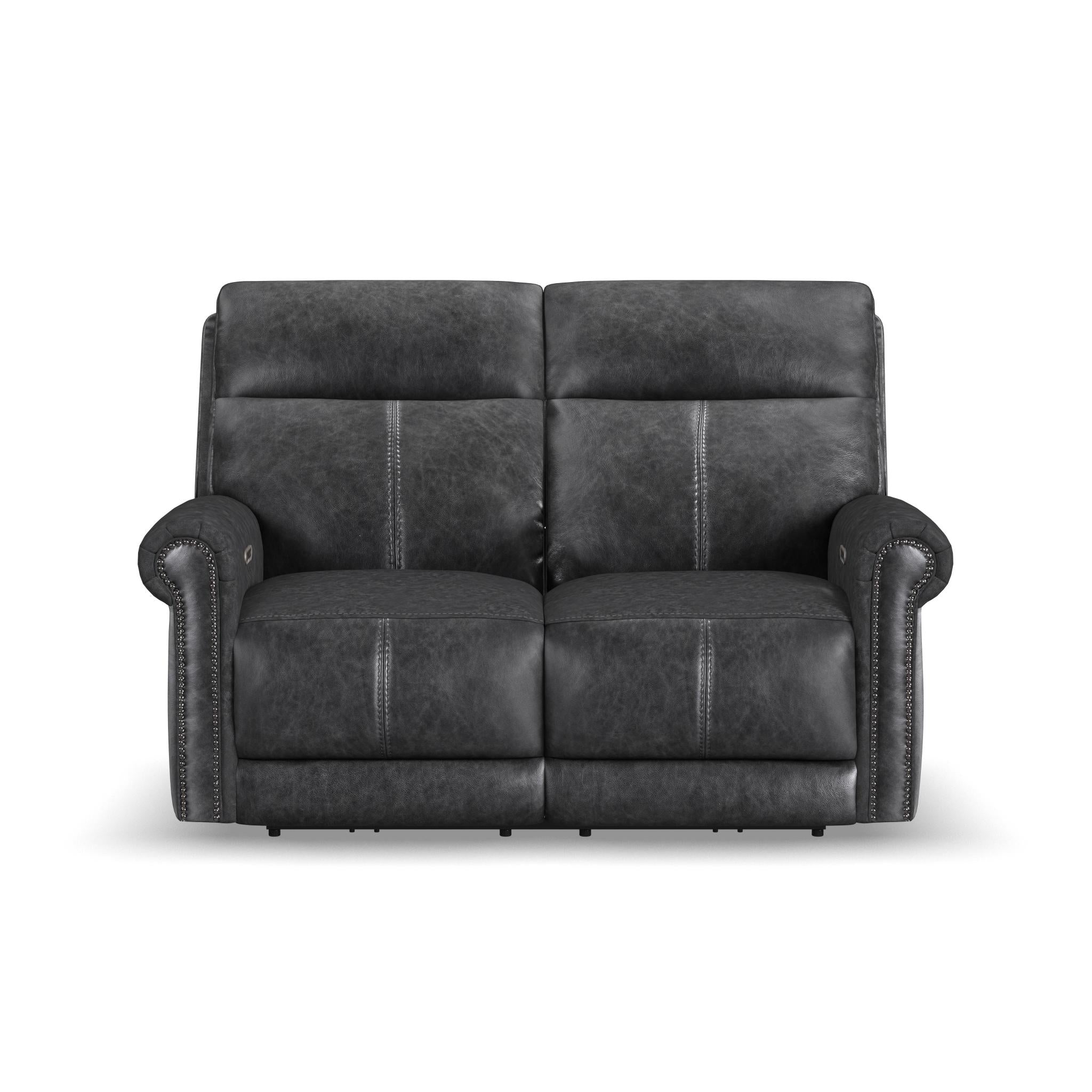 Alexander Weathered Stone Leather Power Reclining Loveseat with Power Headrest & Lumbar