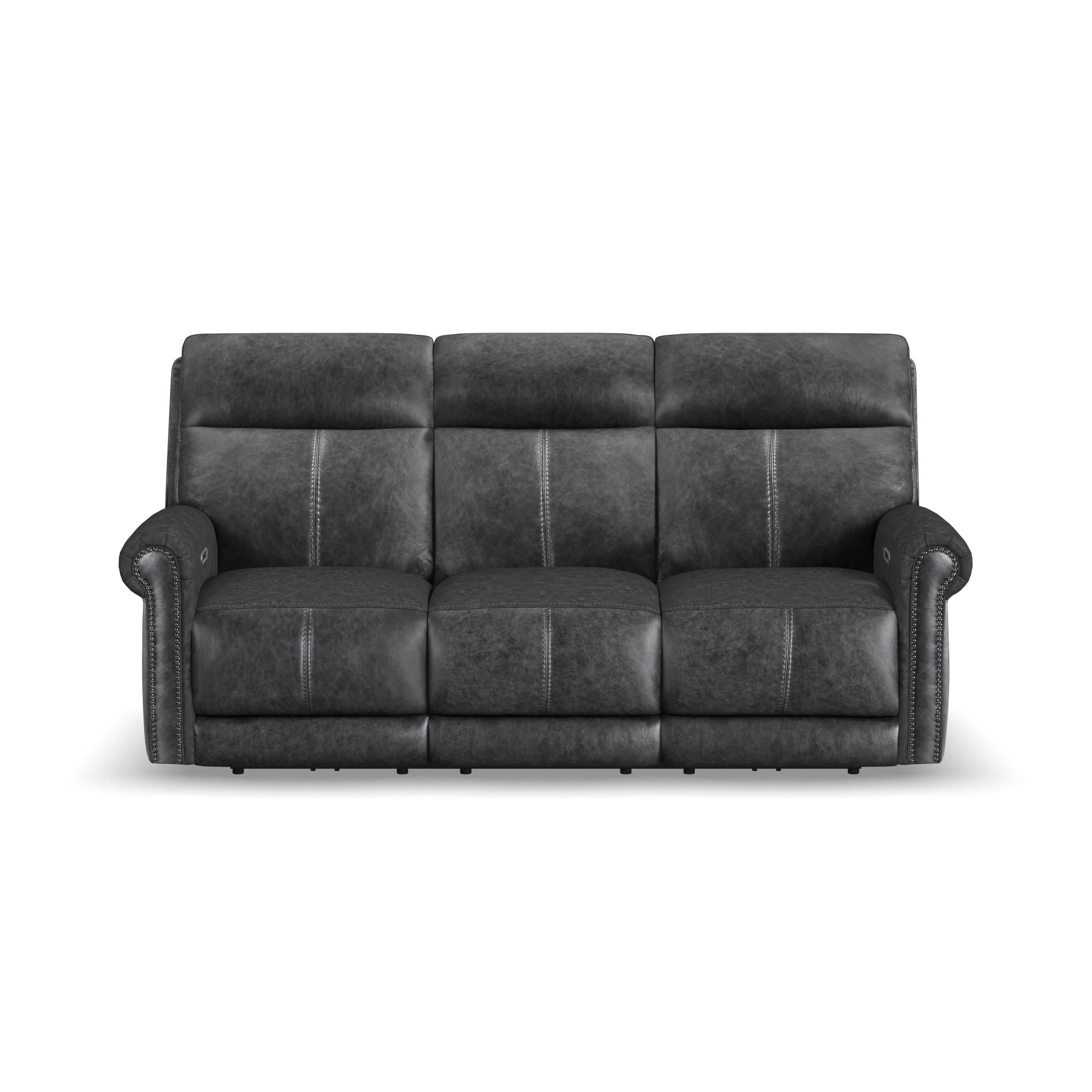 Alexander Weathered Stone Leather Power Reclining Sofa with Console, Power Headrest & Lumbar