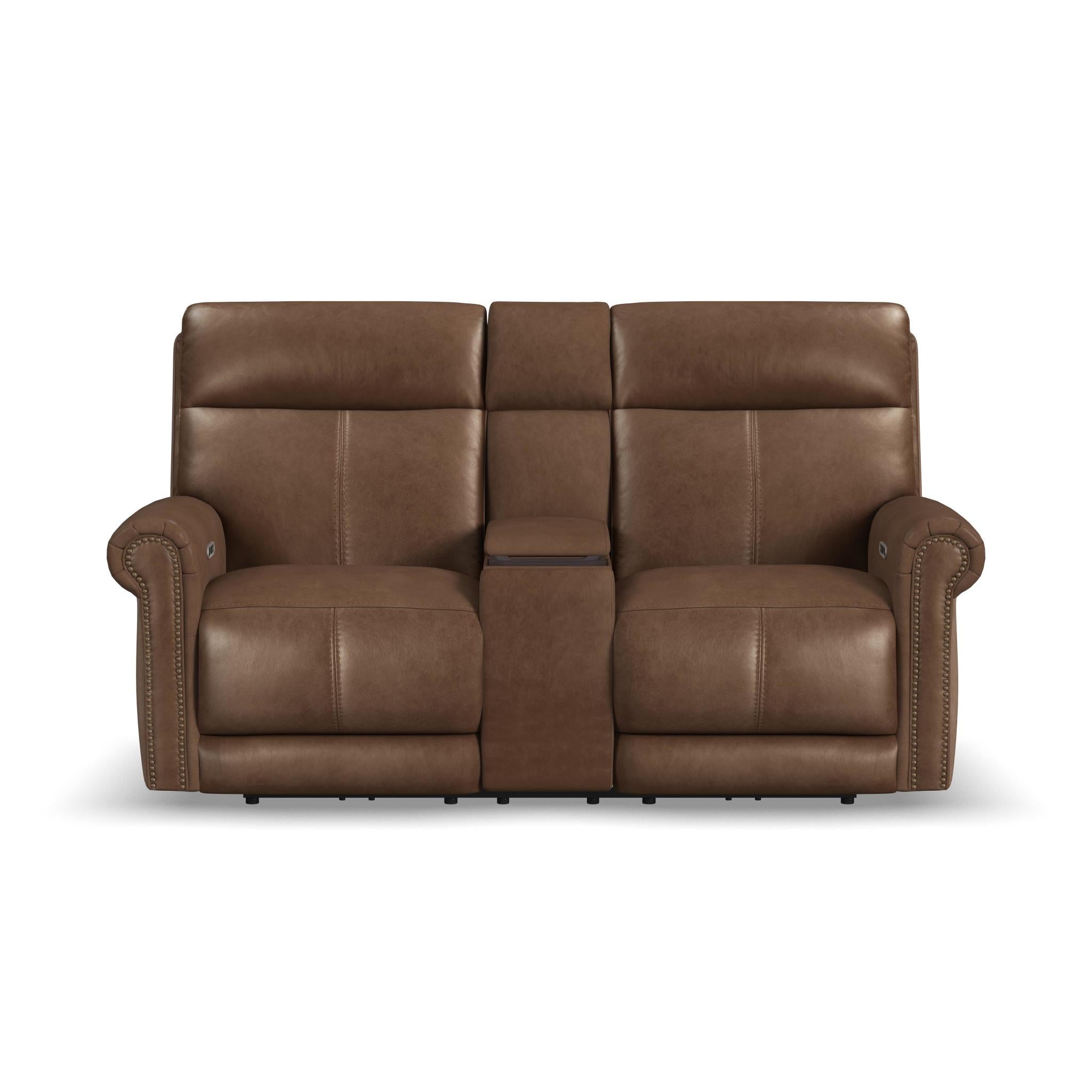 Alexander Tawny Leather Power Reclining Loveseat with Console, Power Headrest & Lumbar
