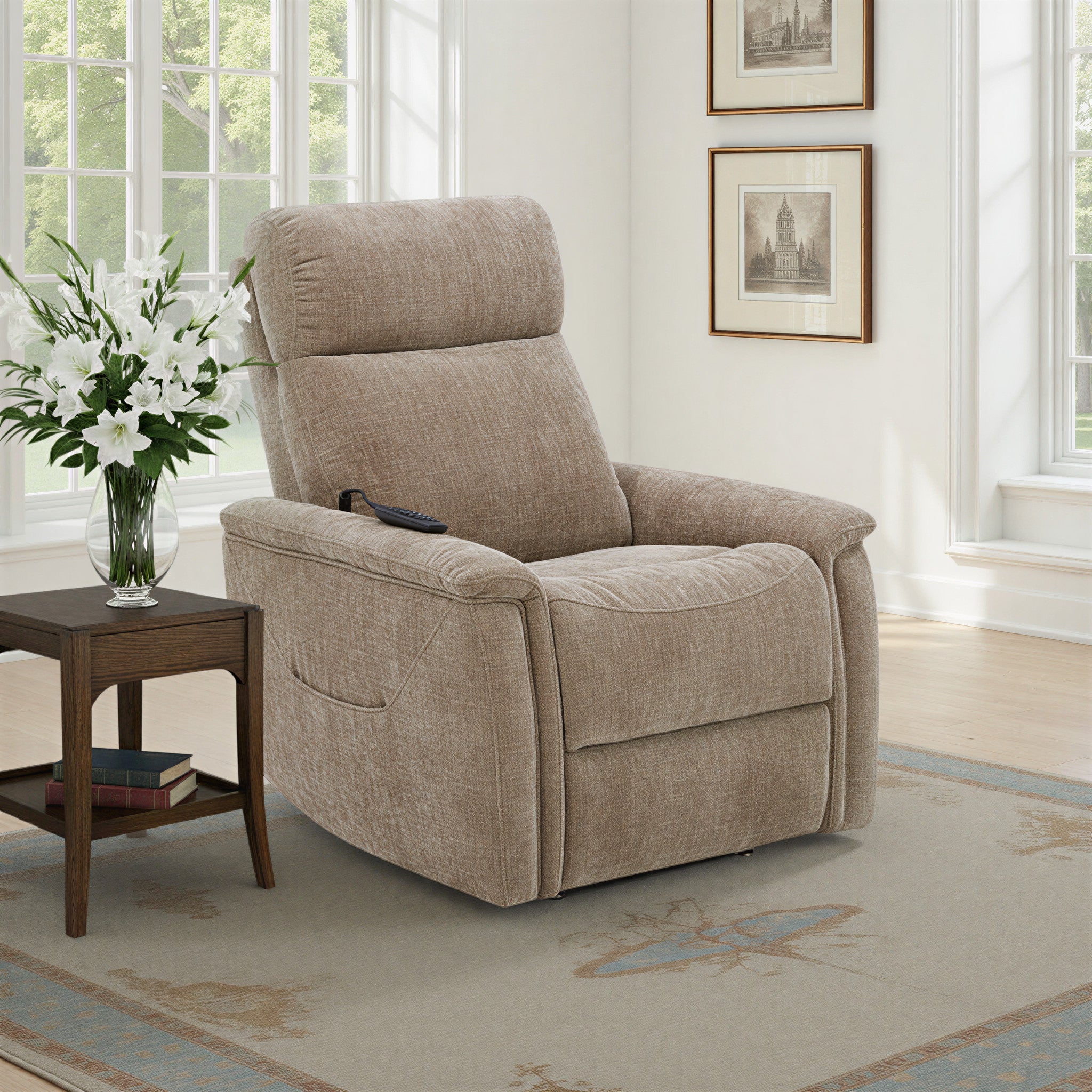 Luma Sable Fabric Power Lift Recliner with Power Headrest, Lumbar, Heat & Massage
