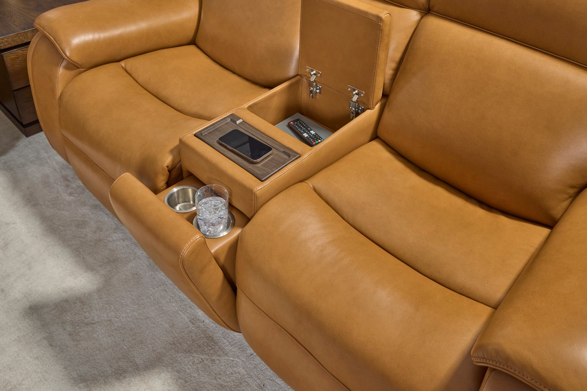 Ziggy Leather Power Reclining Loveseat with Console, Power Headrest, Lumbar, Heat & Massage