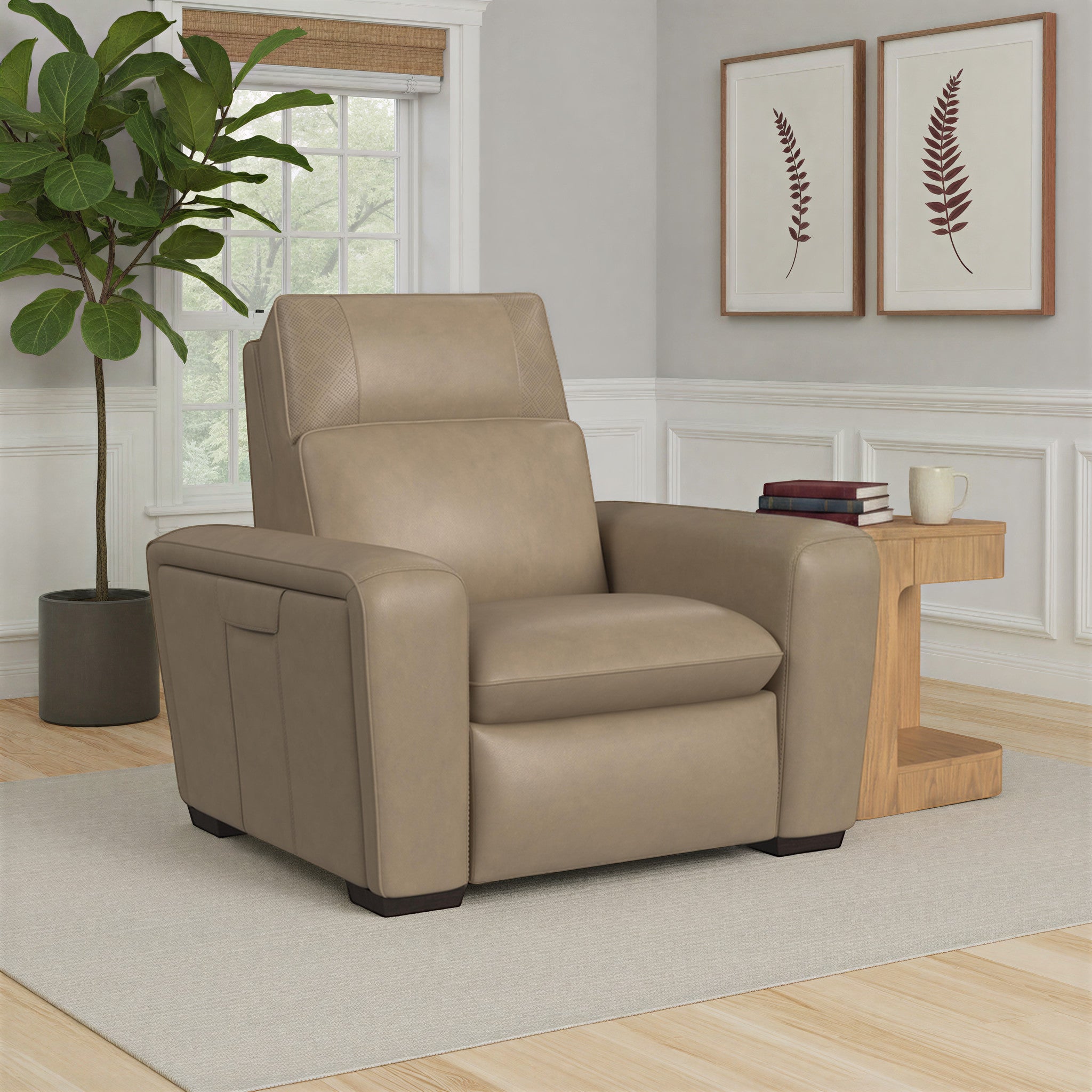 Sense Greige Leather Power Recliner with Power Headrest, Lumbar & Pulse