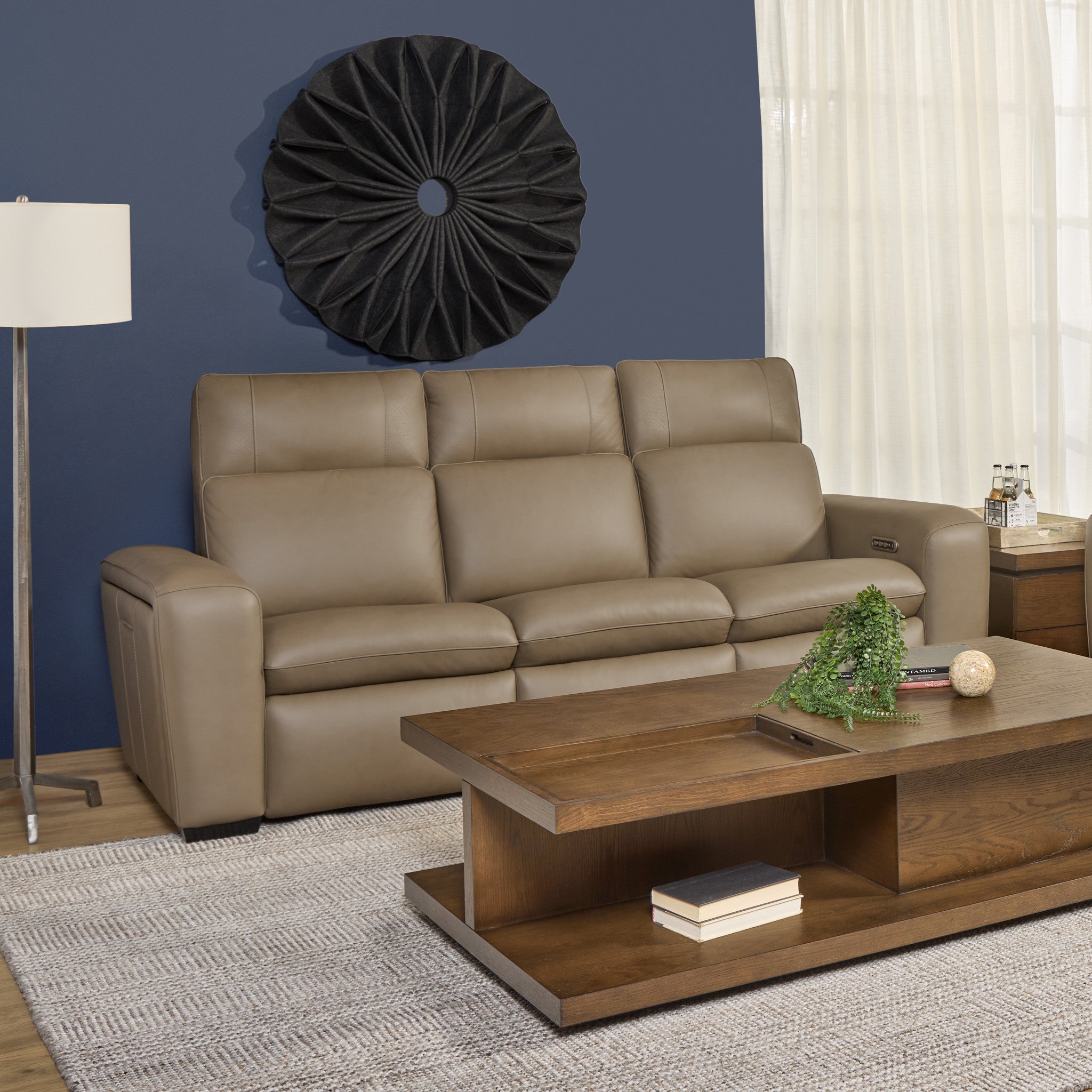 Sense Greige Leather Power Reclining Sofa with Power Headrest, Lumbar & Pulse