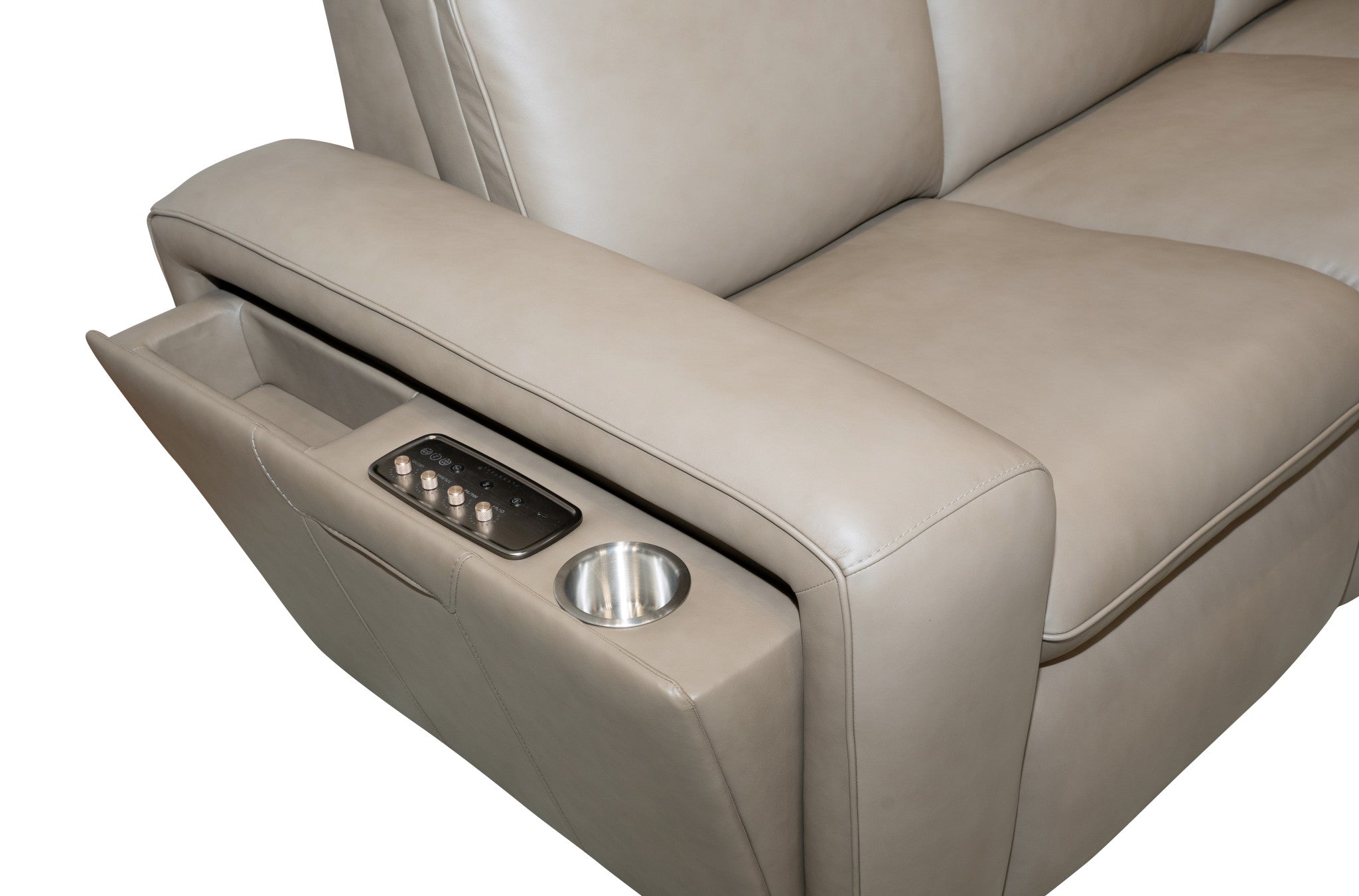 Sense Greige Leather Power Reclining Sofa with Power Headrest, Lumbar & Pulse
