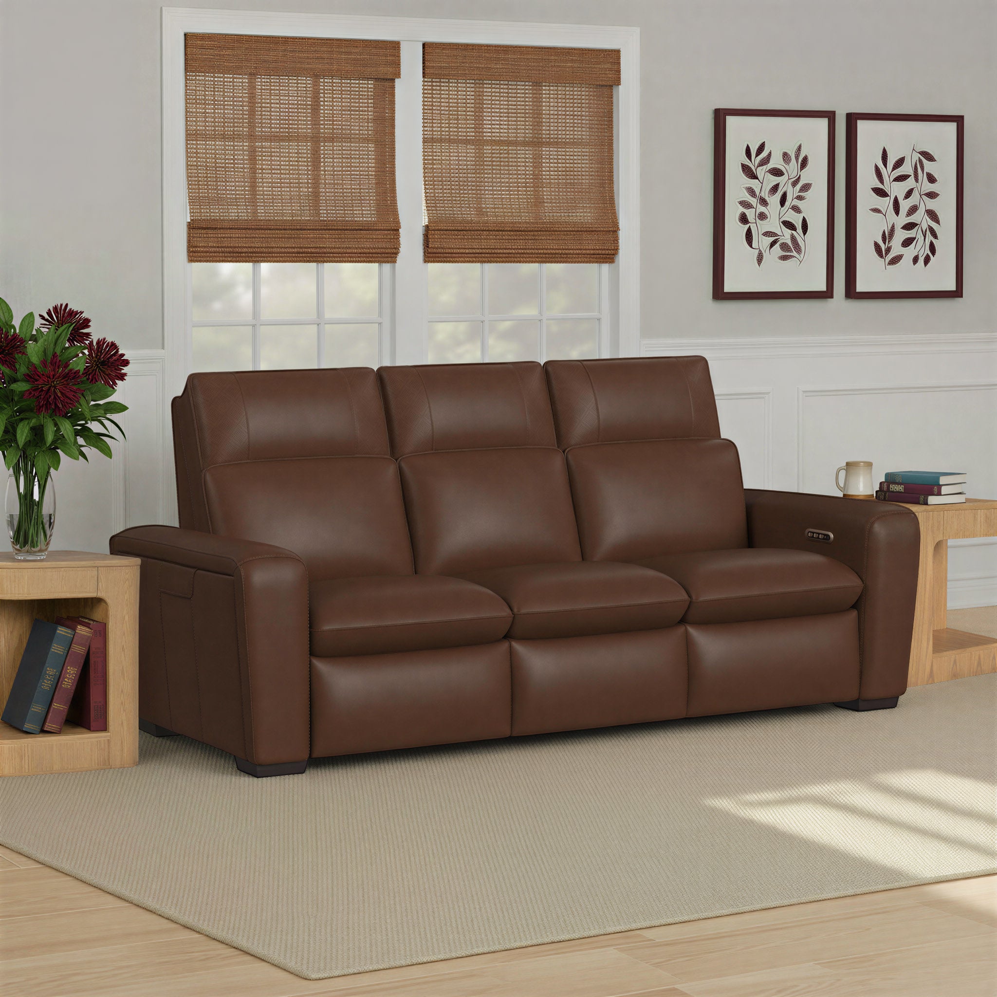Sense Espresso Leather Power Reclining Sofa with Power Headrest, Lumbar & Pulse