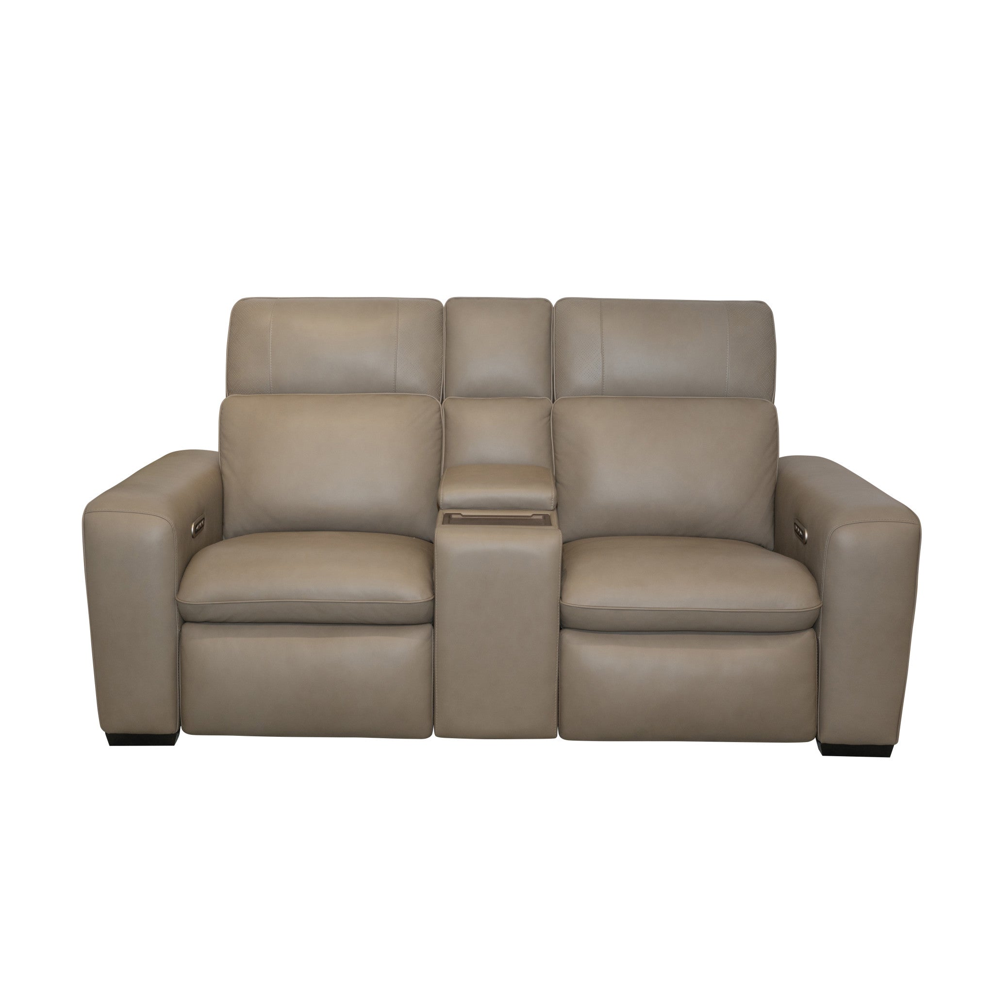 Sense Greige Leather Power Reclining Loveseat with Console, Power Headrest, Lumbar & Pulse