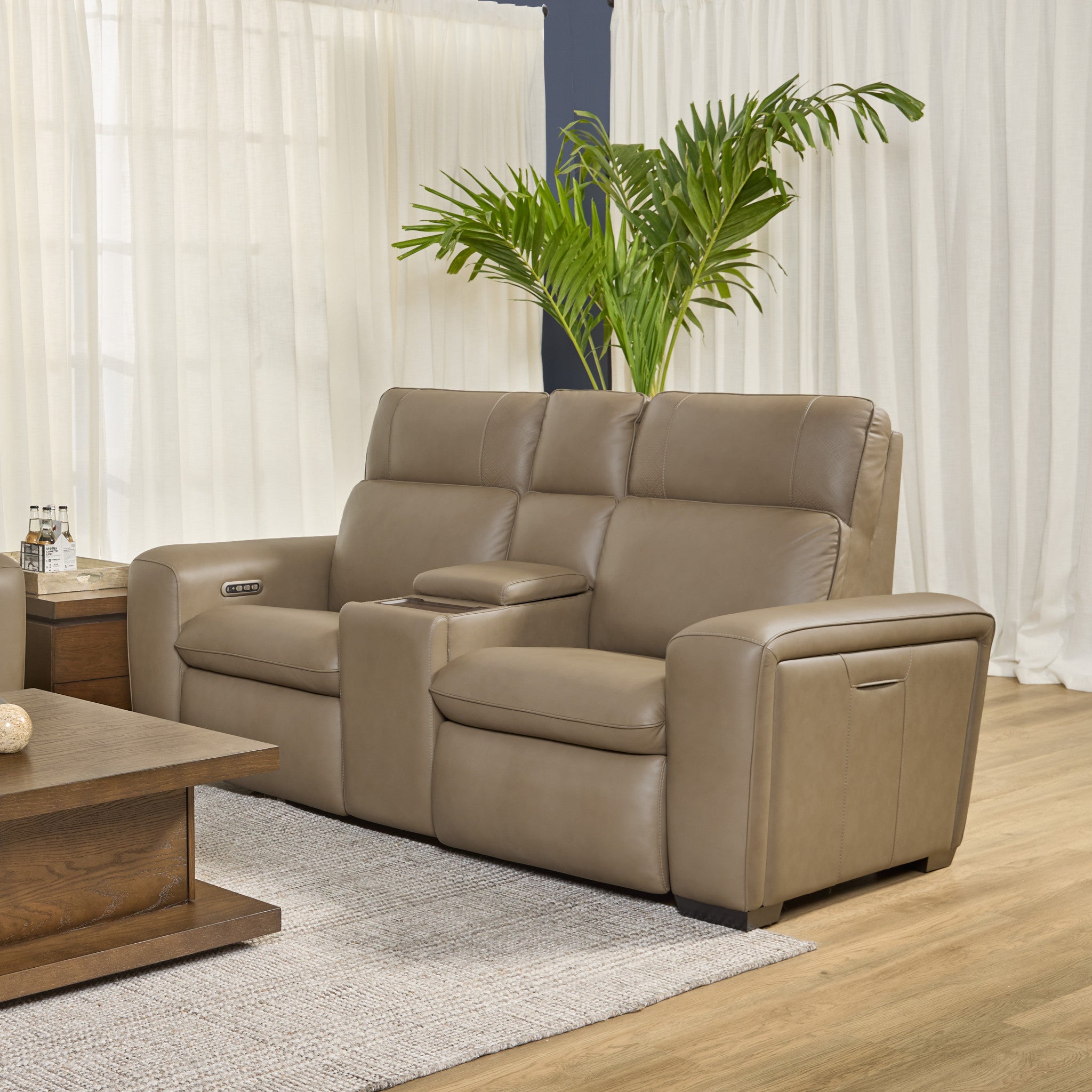 Sense Greige Leather Power Reclining Loveseat with Console, Power Headrest, Lumbar & Pulse