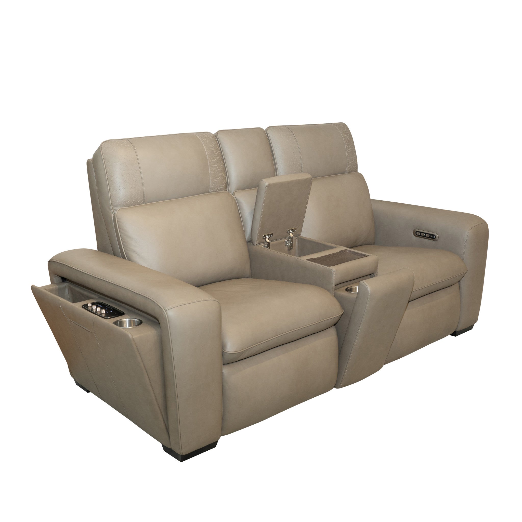 Sense Greige Leather Power Reclining Loveseat with Console, Power Headrest, Lumbar & Pulse