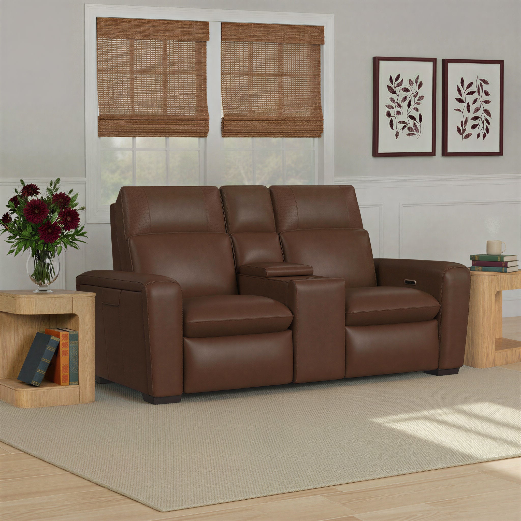 Sense Espresso Leather Power Reclining Loveseat with Console, Power Headrest, Lumbar & Pulse