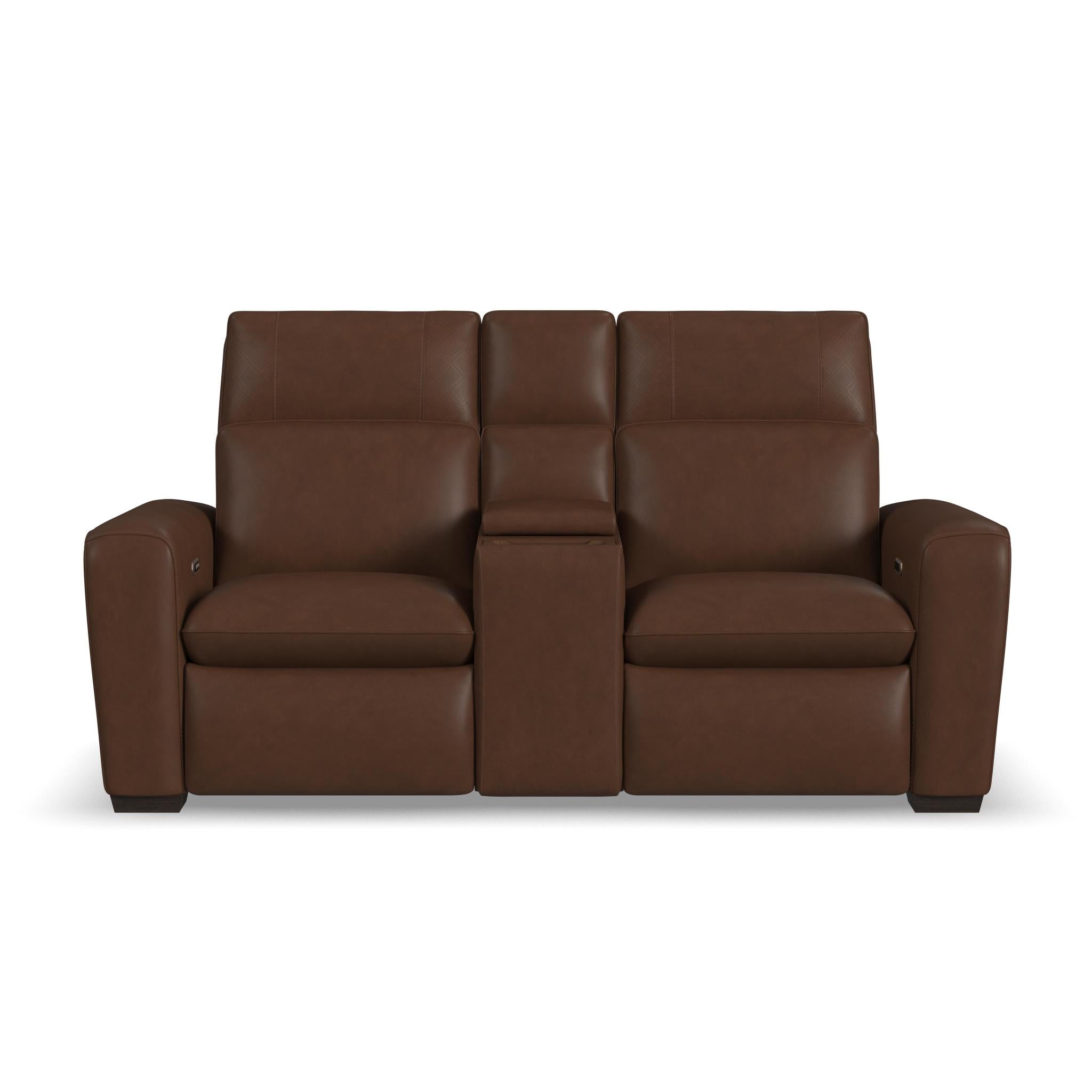 Sense Espresso Leather Power Reclining Loveseat with Console, Power Headrest, Lumbar & Pulse