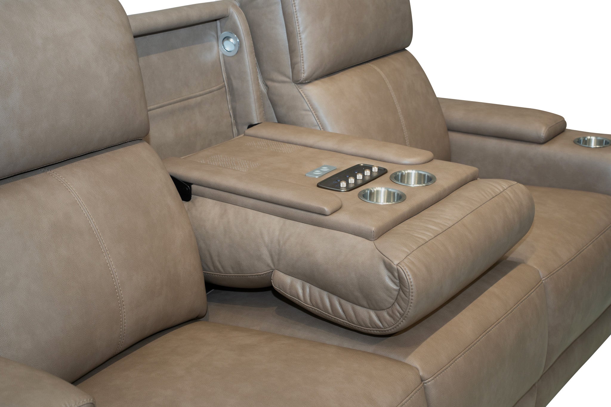 Vibe Taupe Fabric Power Reclining Sofa with Console, Power Headrest, Lumbar, Heat, Massage & Pulse