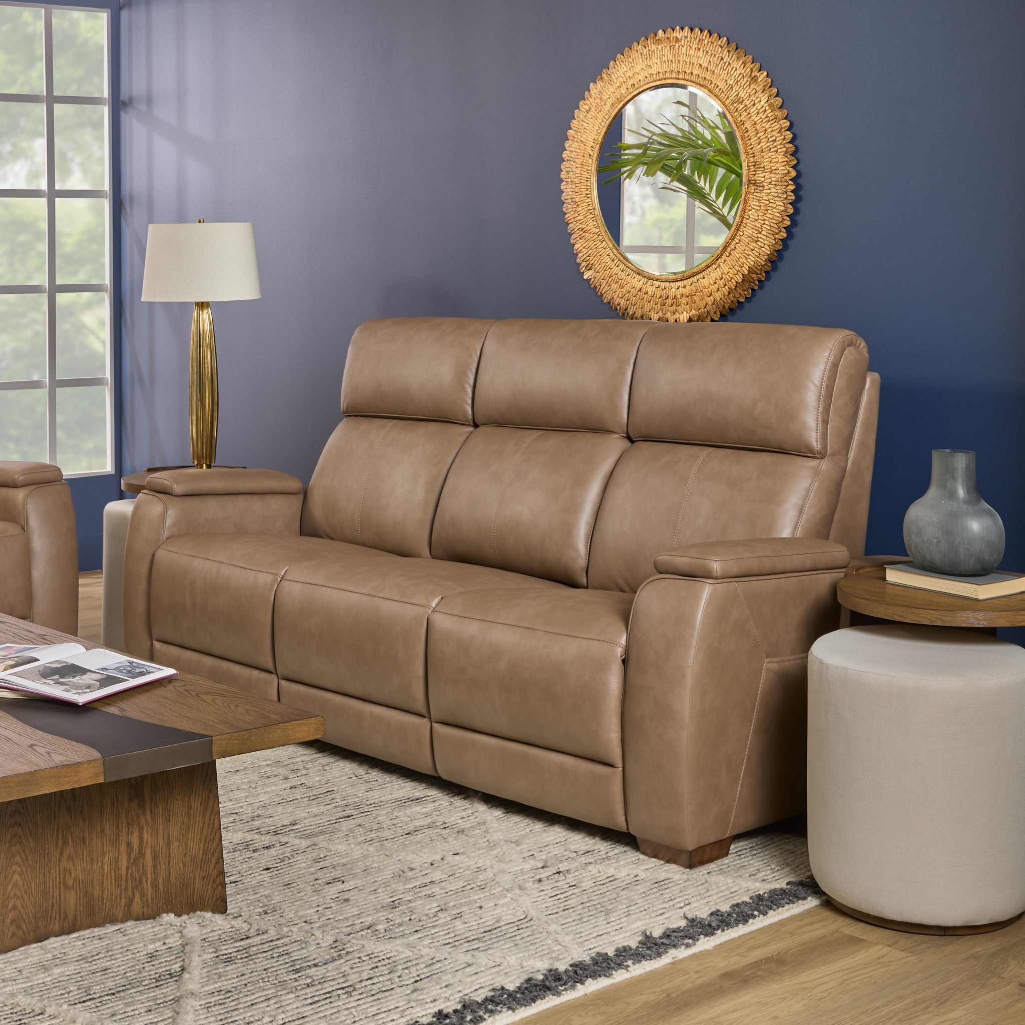 Vibe Taupe Fabric Power Reclining Sofa with Console, Power Headrest, Lumbar, Heat, Massage & Pulse
