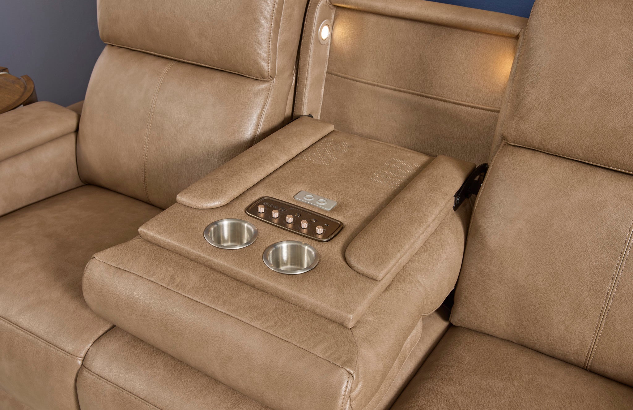 Vibe Taupe Fabric Power Reclining Sofa with Console, Power Headrest, Lumbar, Heat, Massage & Pulse