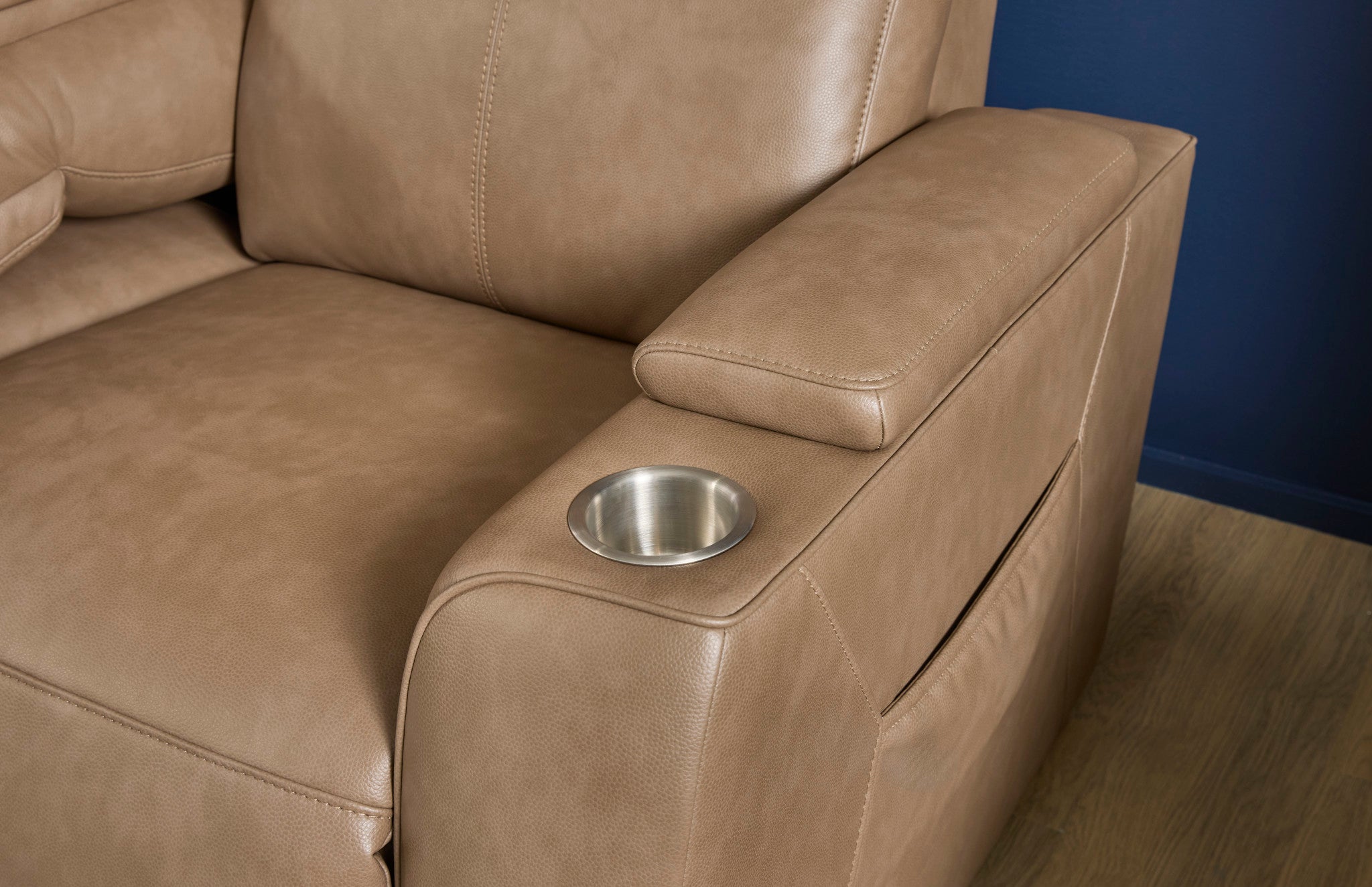 Vibe Taupe Fabric Power Reclining Sofa with Console, Power Headrest, Lumbar, Heat, Massage & Pulse